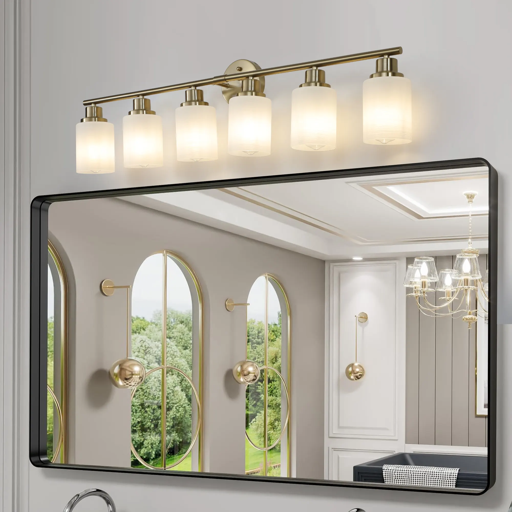 Modern Gold 6-Light Frosted Glass Vanity Light, 39 in, image 3 of 10