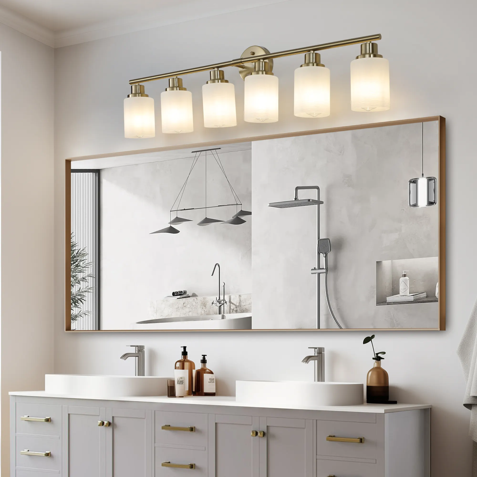 Modern Gold 6-Light Frosted Glass Vanity Light, 39 in