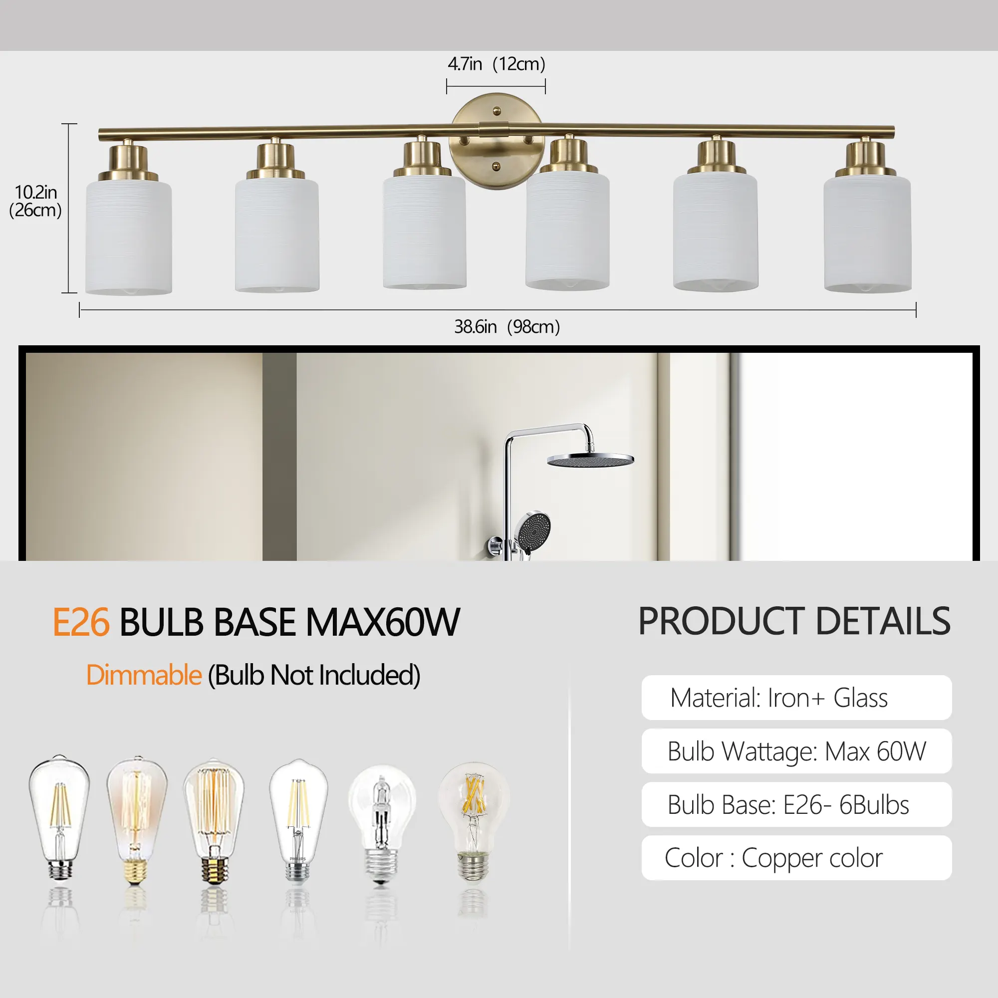 Modern Gold 6-Light Frosted Glass Vanity Light, 39 in, image 8 of 10