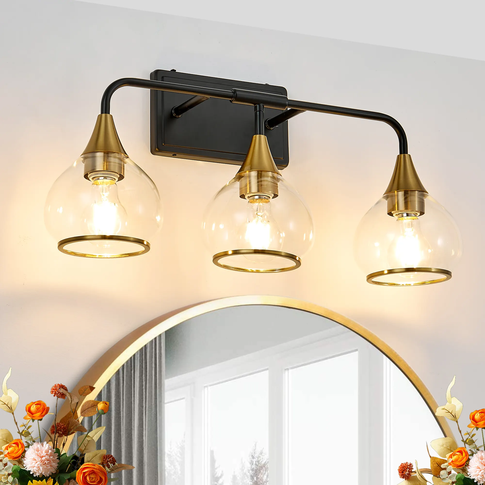 Modern Black 3-Light Clear Glass Vanity Light, 23 in, image 2 of 12