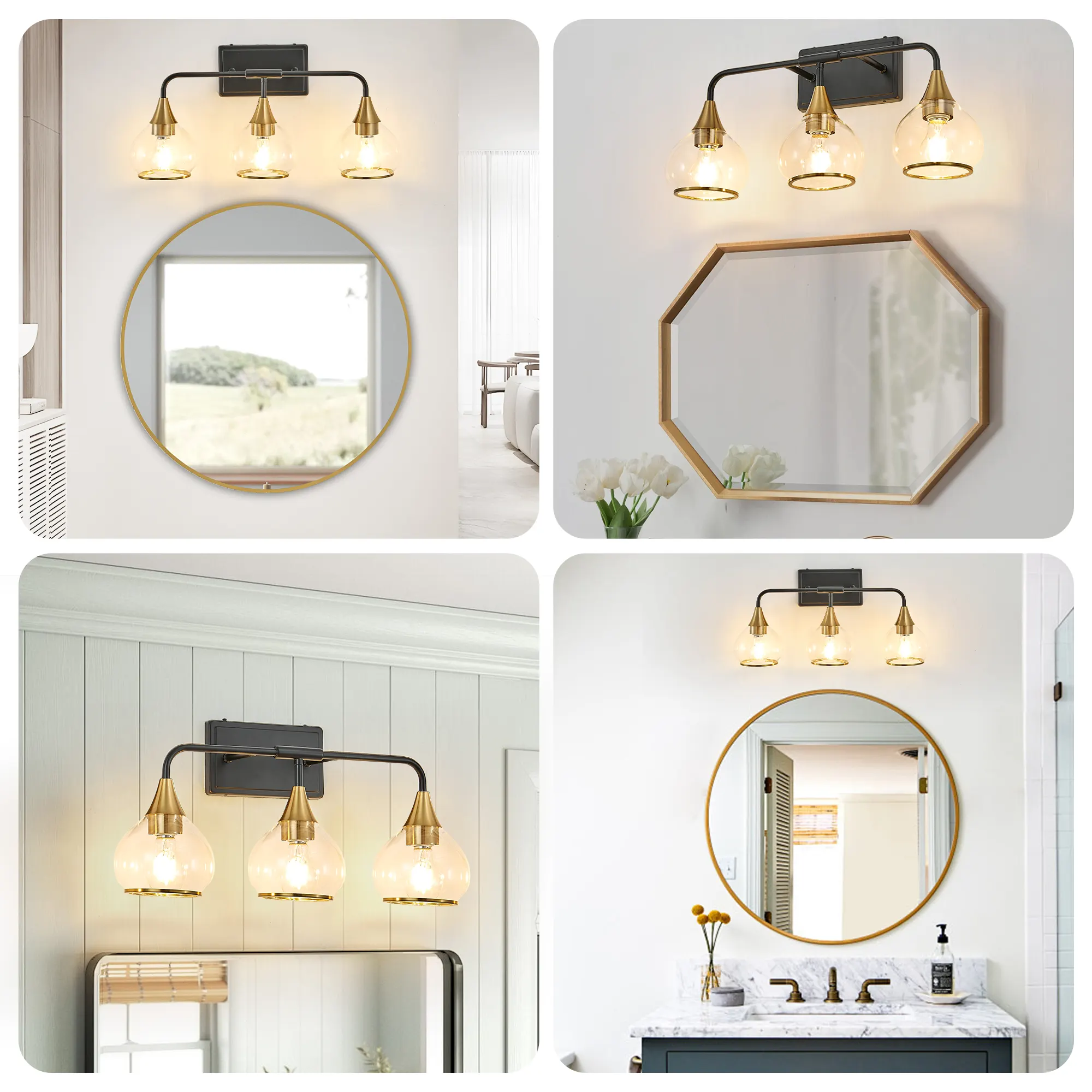 Modern Black 3-Light Clear Glass Vanity Light, 23 in, image 7 of 12