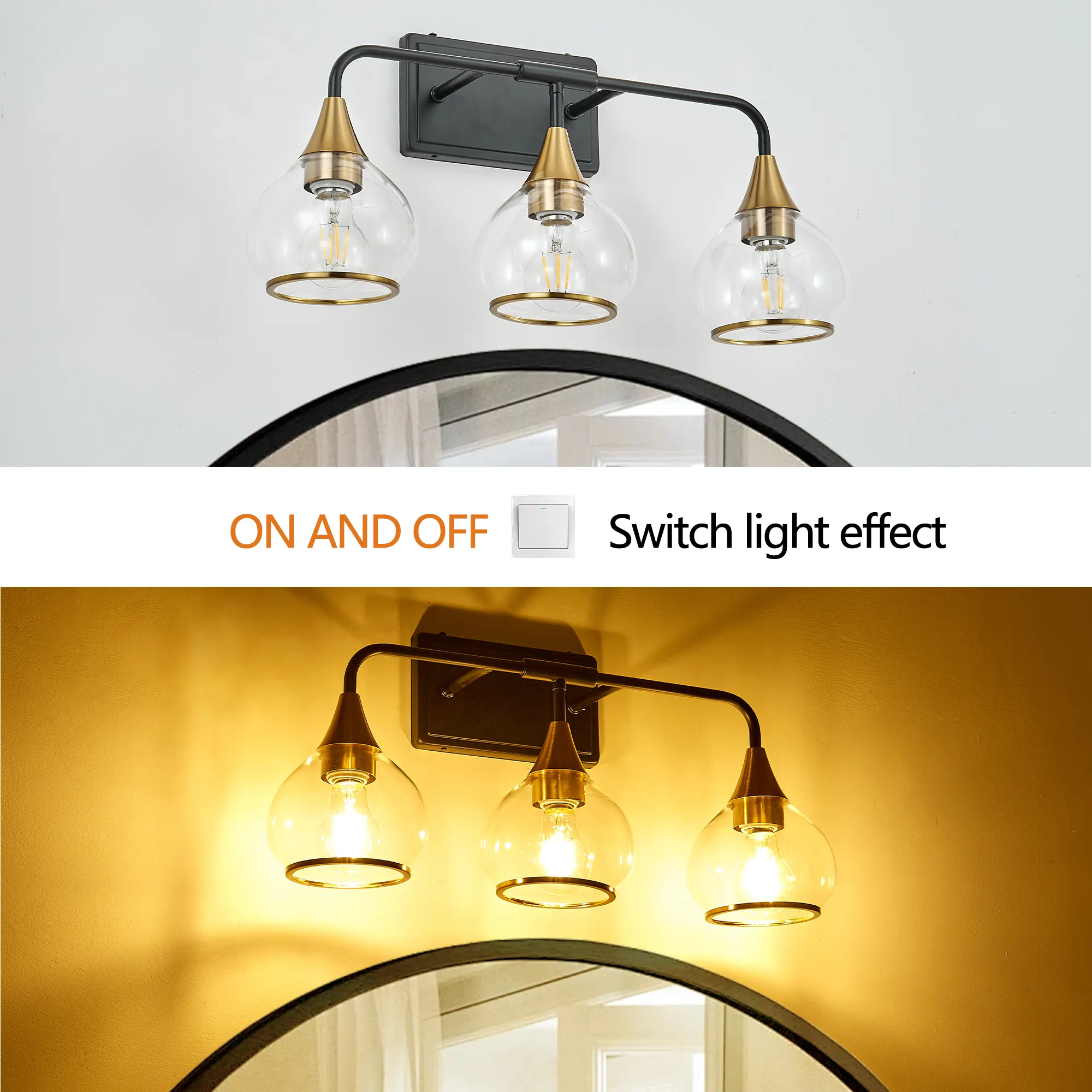 Modern Black 3-Light Clear Glass Vanity Light, 23 in, image 4 of 12