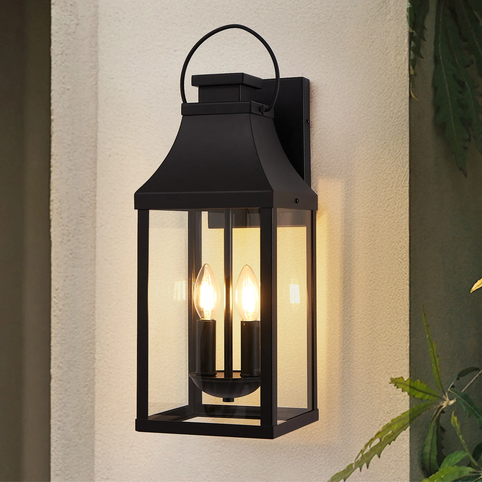 Modern Black 2-Light Outdoor Wall Lantern, 20 in