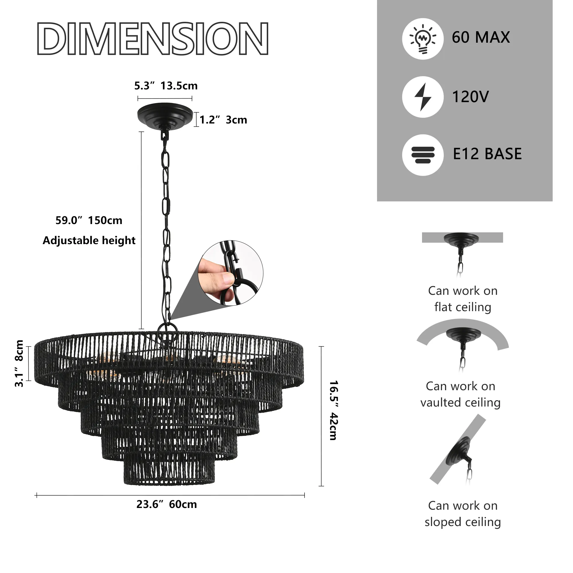 Boho Black Chandelier, 24 in, image 6 of 8