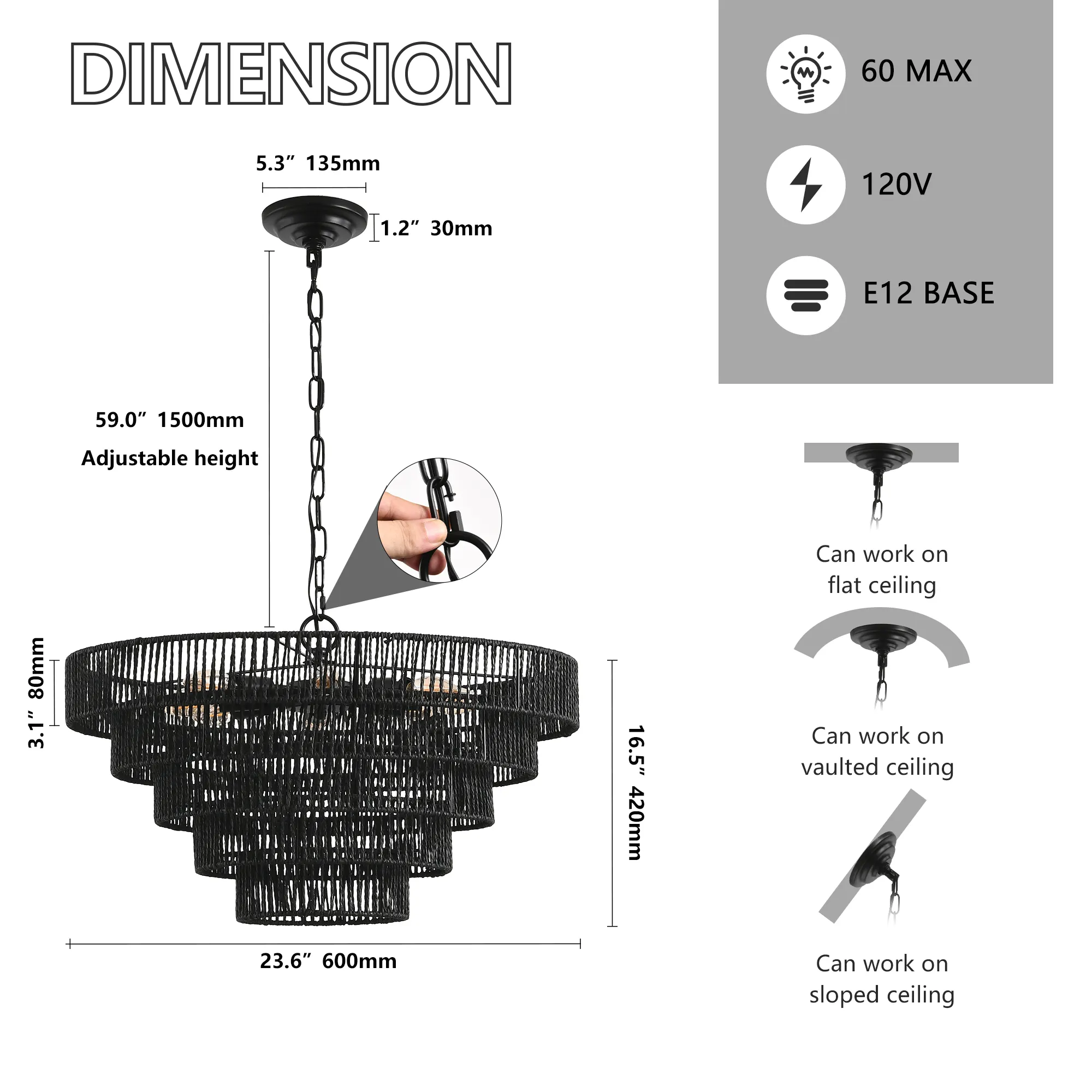 Boho Black Chandelier, 24 in, image 7 of 8