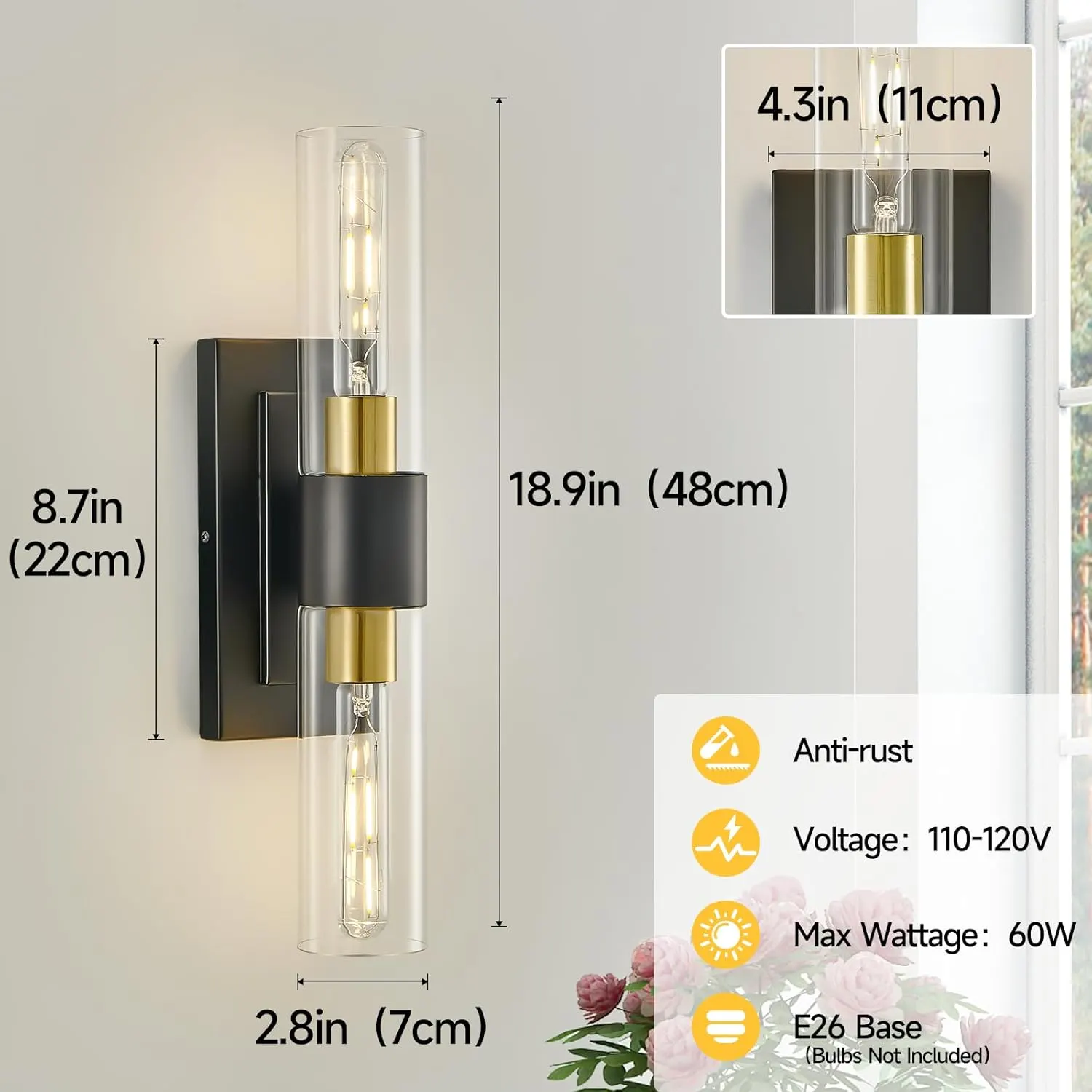 Modern Gold Clear Glass Wall Sconce (2-Pack), image 4 of 9