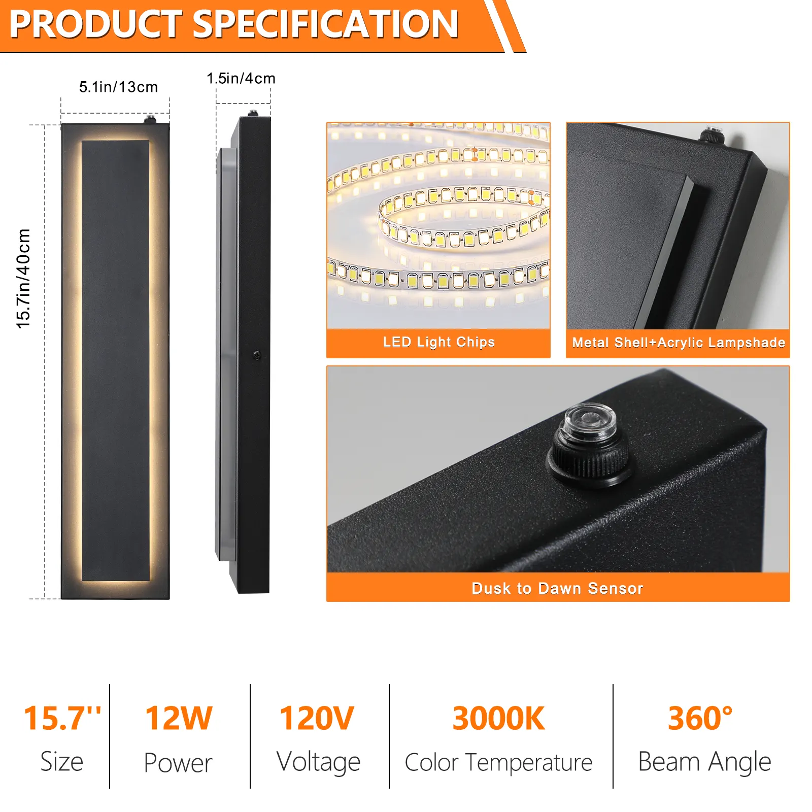 Modern Black Outdoor Wall Light, 15.7 in · Dusk-to-Dawn (2-Pack), image 7 of 8