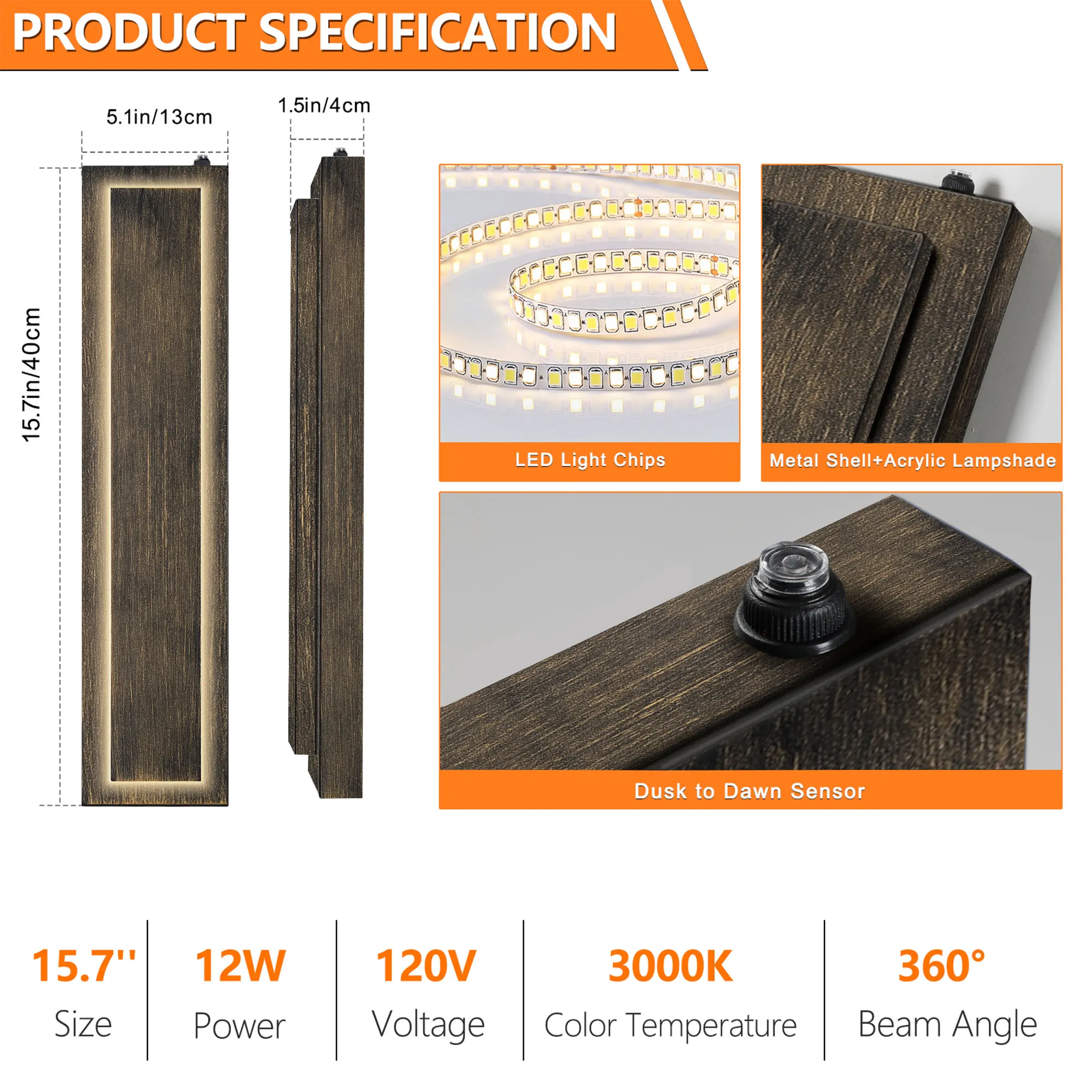 Modern Brass Outdoor Wall Light, 15.7 in · Dusk-to-Dawn (2-Pack), image 3 of 3