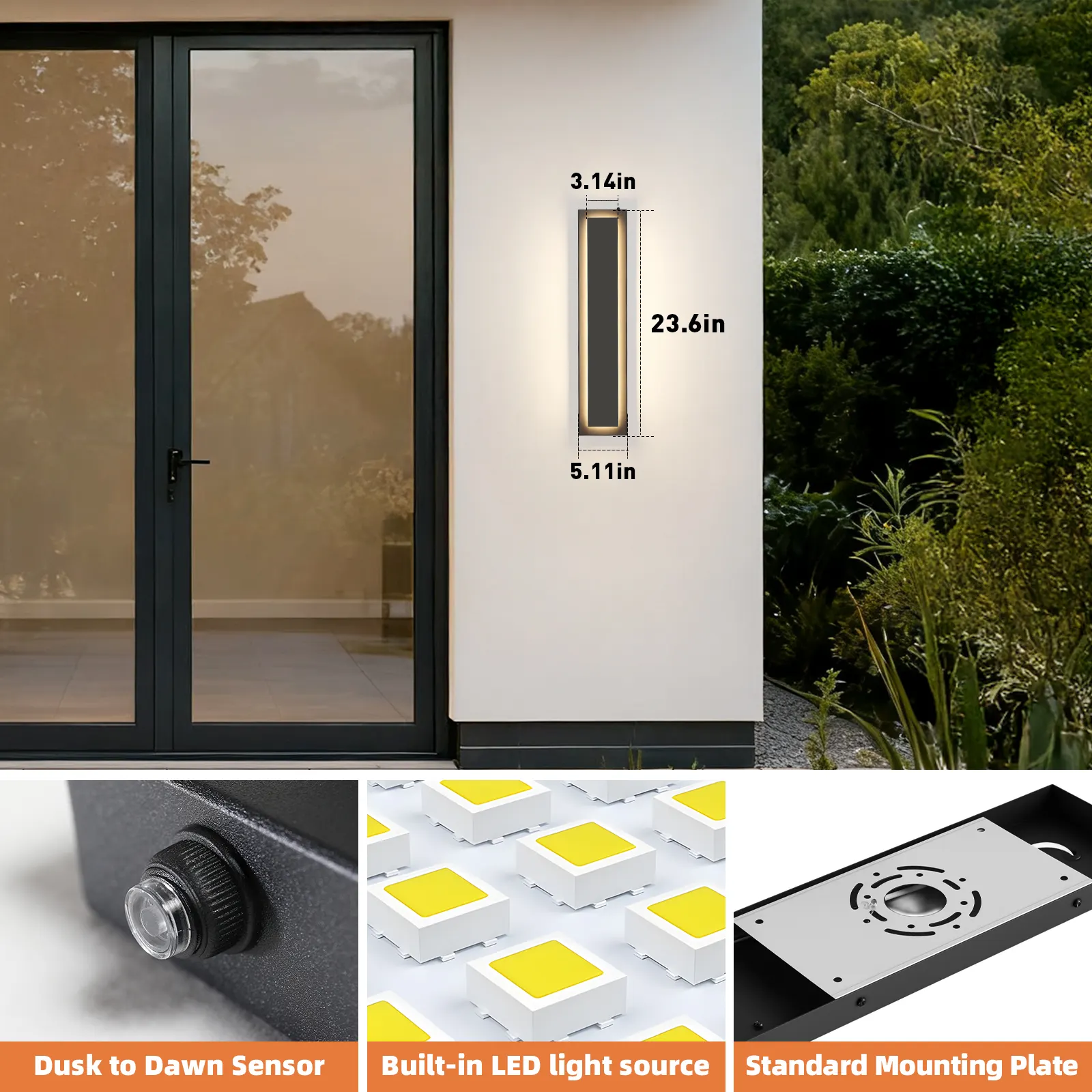 Modern Black Outdoor Wall Light, 23.6 in · Dusk-to-Dawn (2-Pack), image 3 of 7