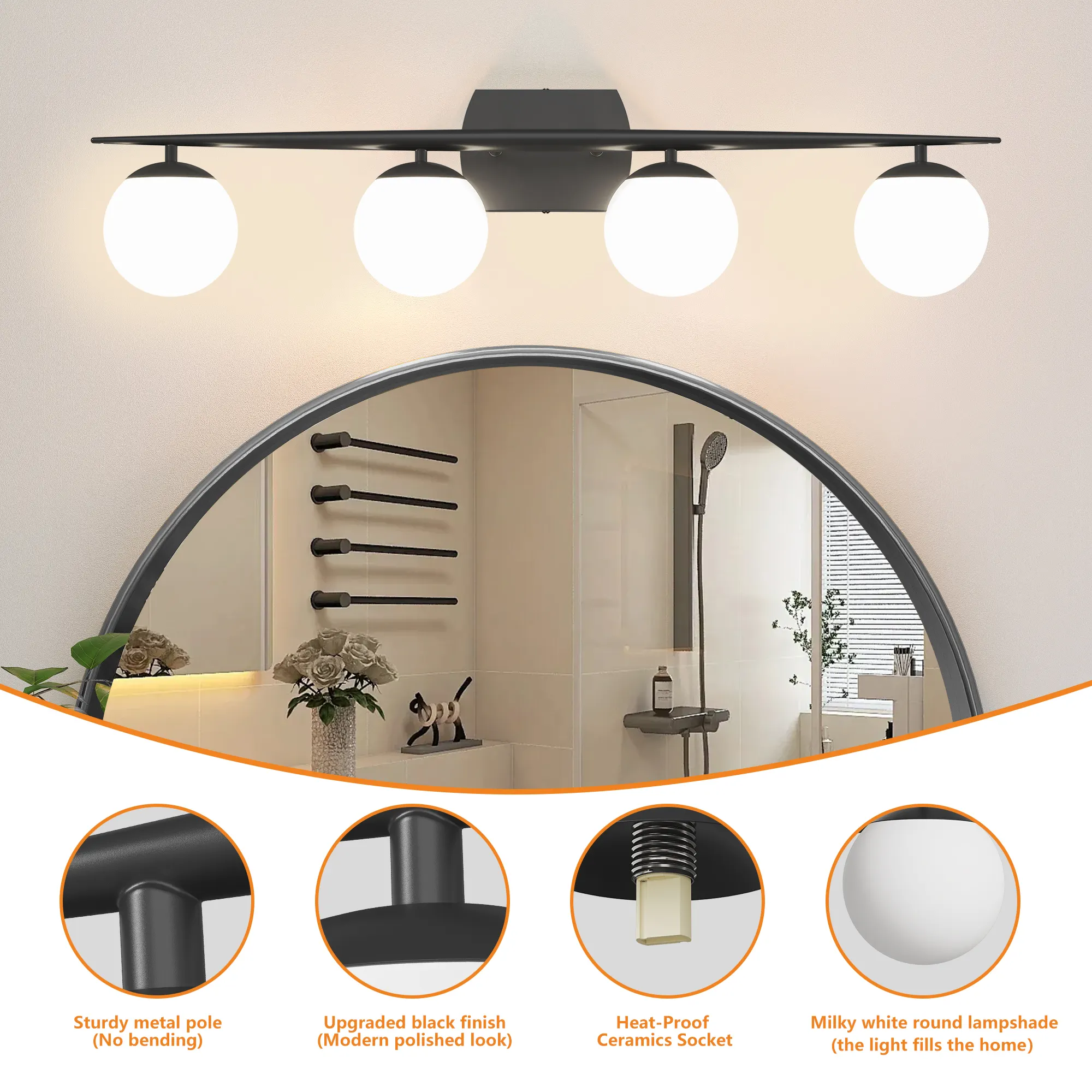 Modern Black 4-Light Glass Vanity Light, image 3 of 7