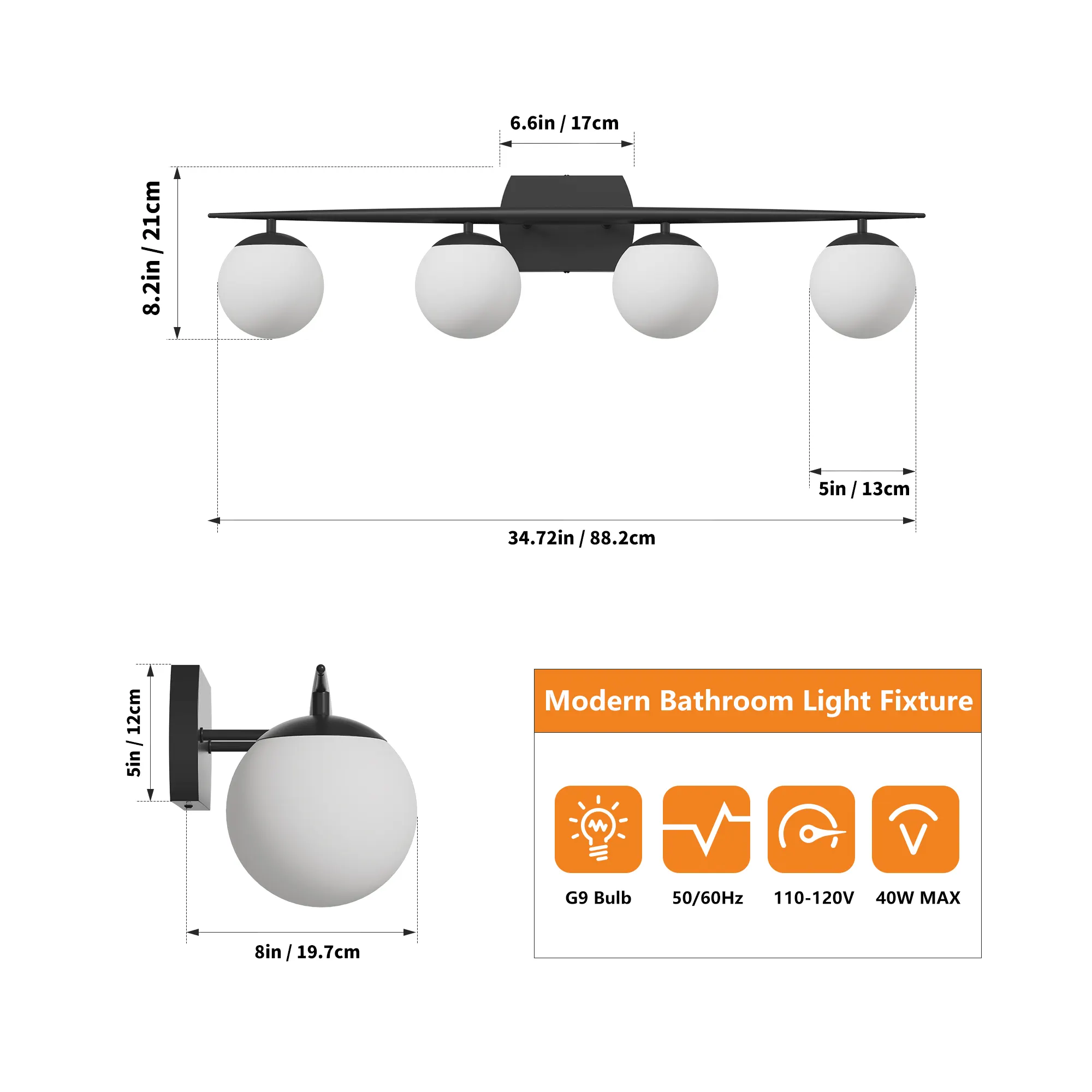 Modern Black 4-Light Glass Vanity Light, image 4 of 7