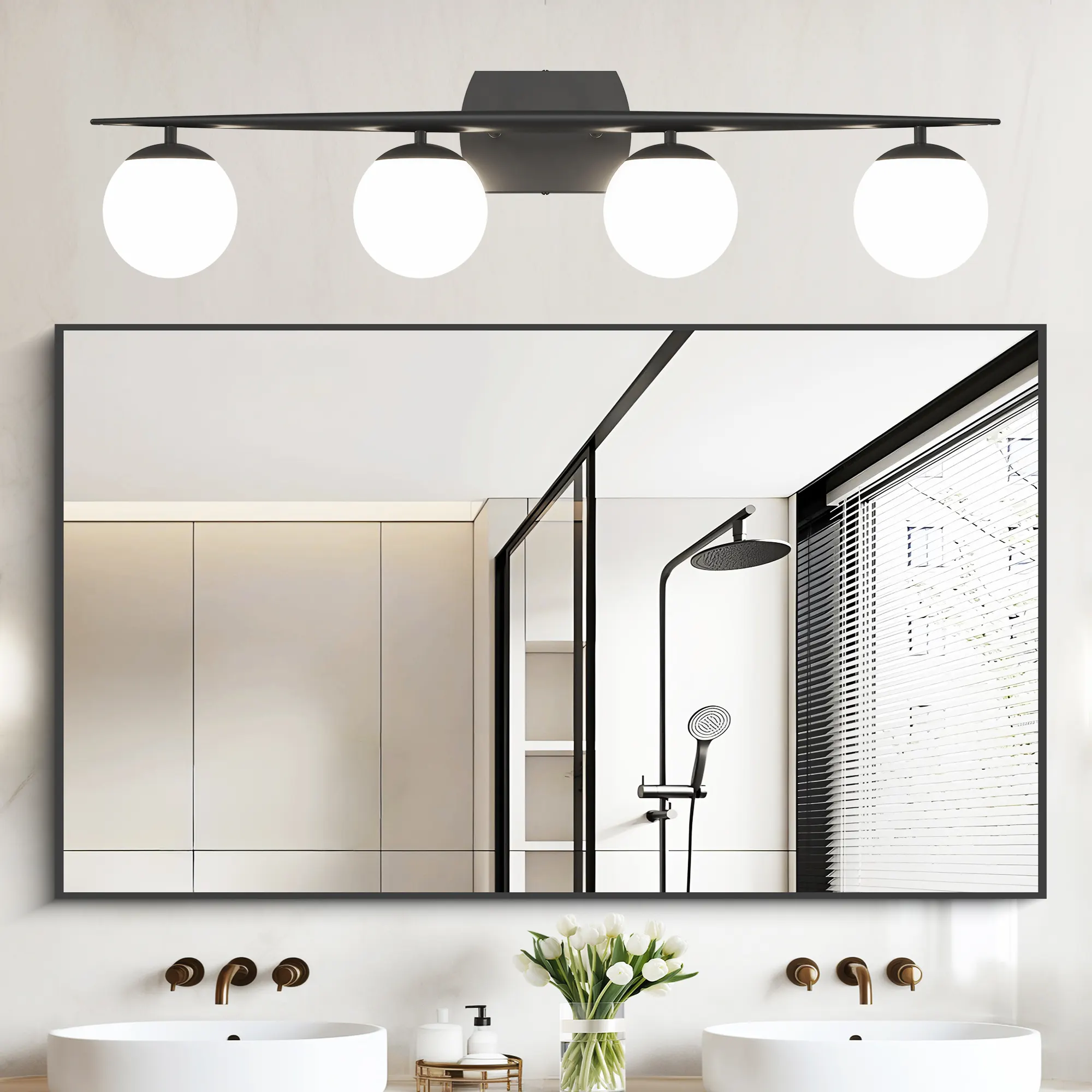 Modern Black 4-Light Glass Vanity Light, image 2 of 7