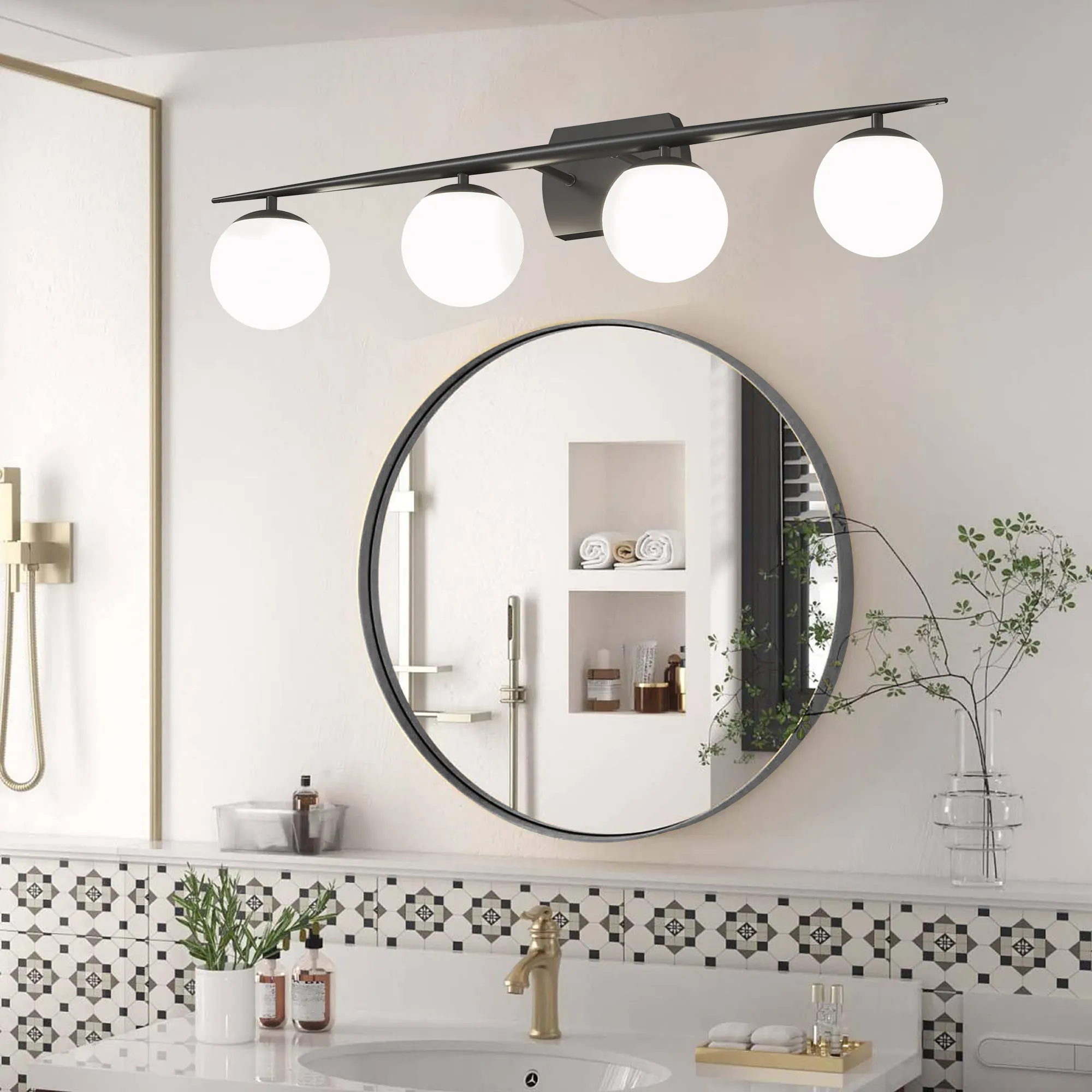 Modern Black 4-Light Glass Vanity Light, image 7 of 7