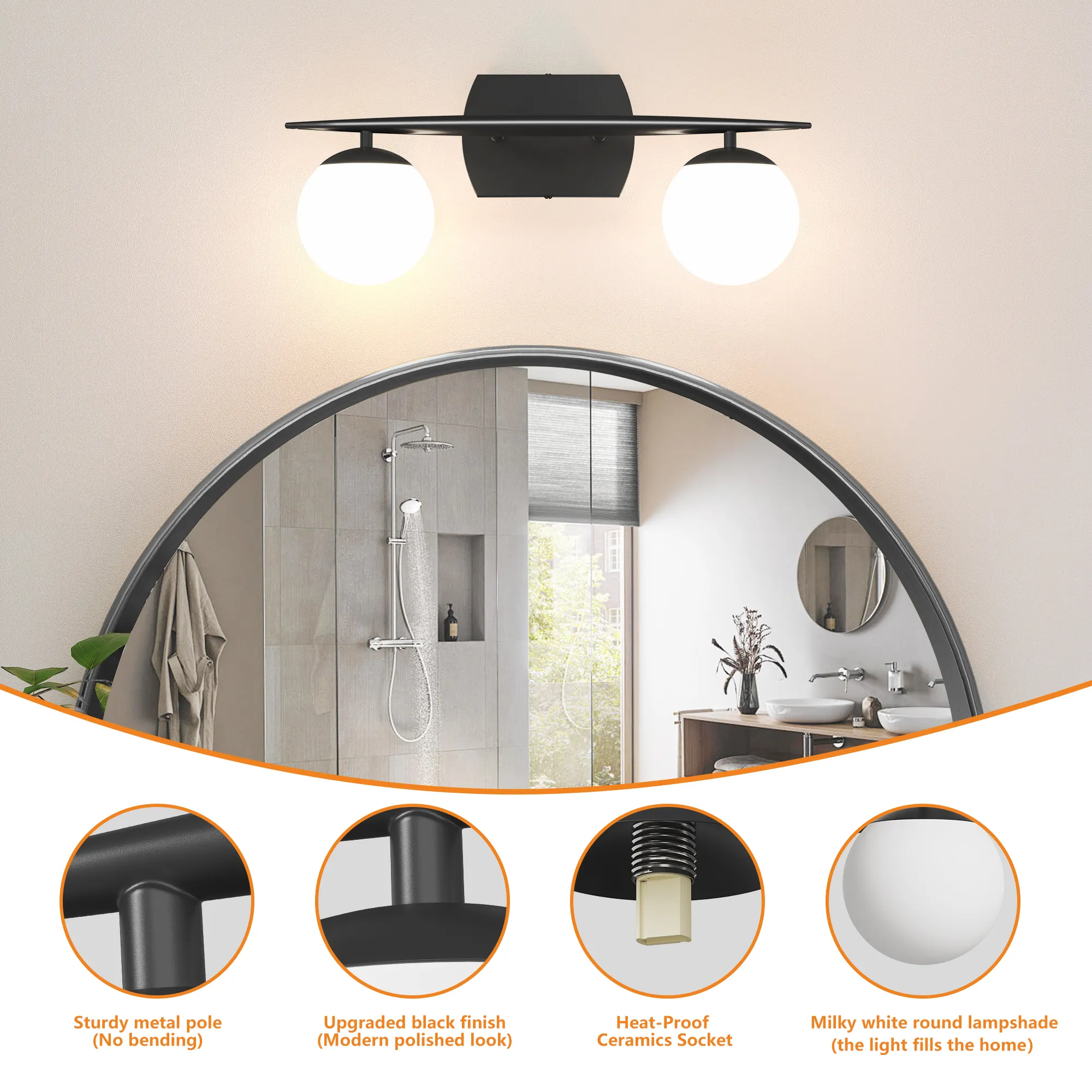 Modern Black 2-Light Glass Vanity Light, image 3 of 7