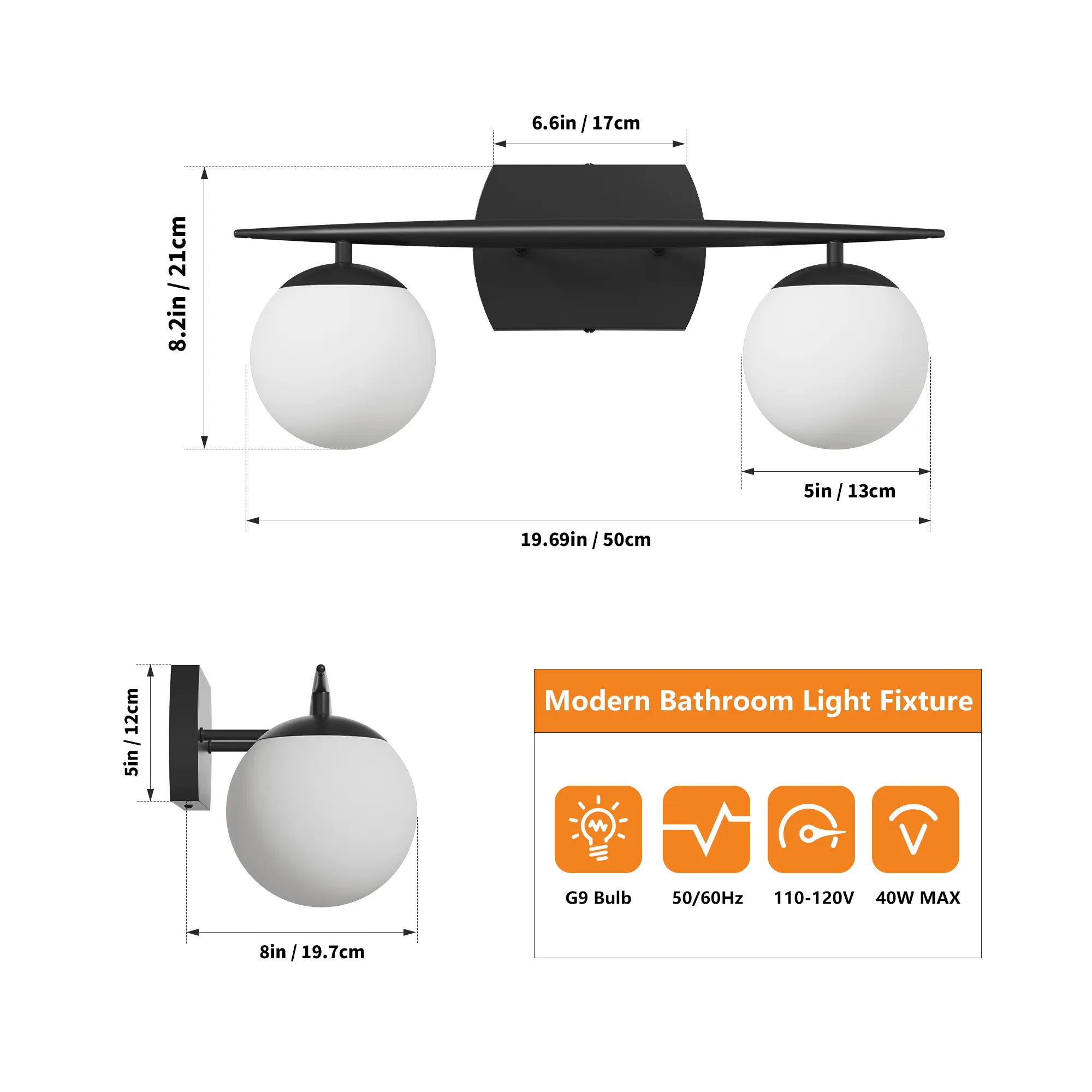 Modern Black 2-Light Glass Vanity Light, image 4 of 7