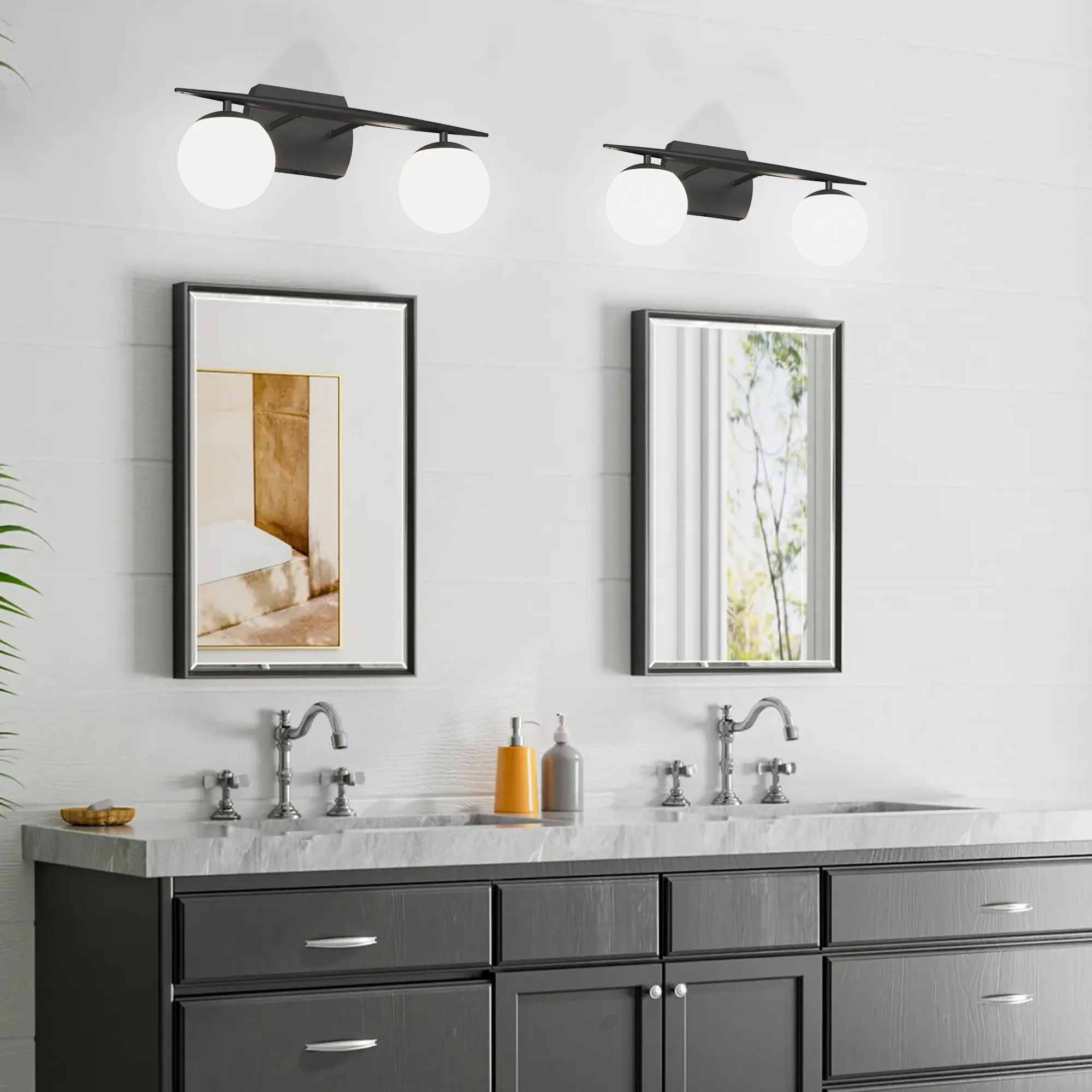 Modern Black 2-Light Glass Vanity Light, image 2 of 7