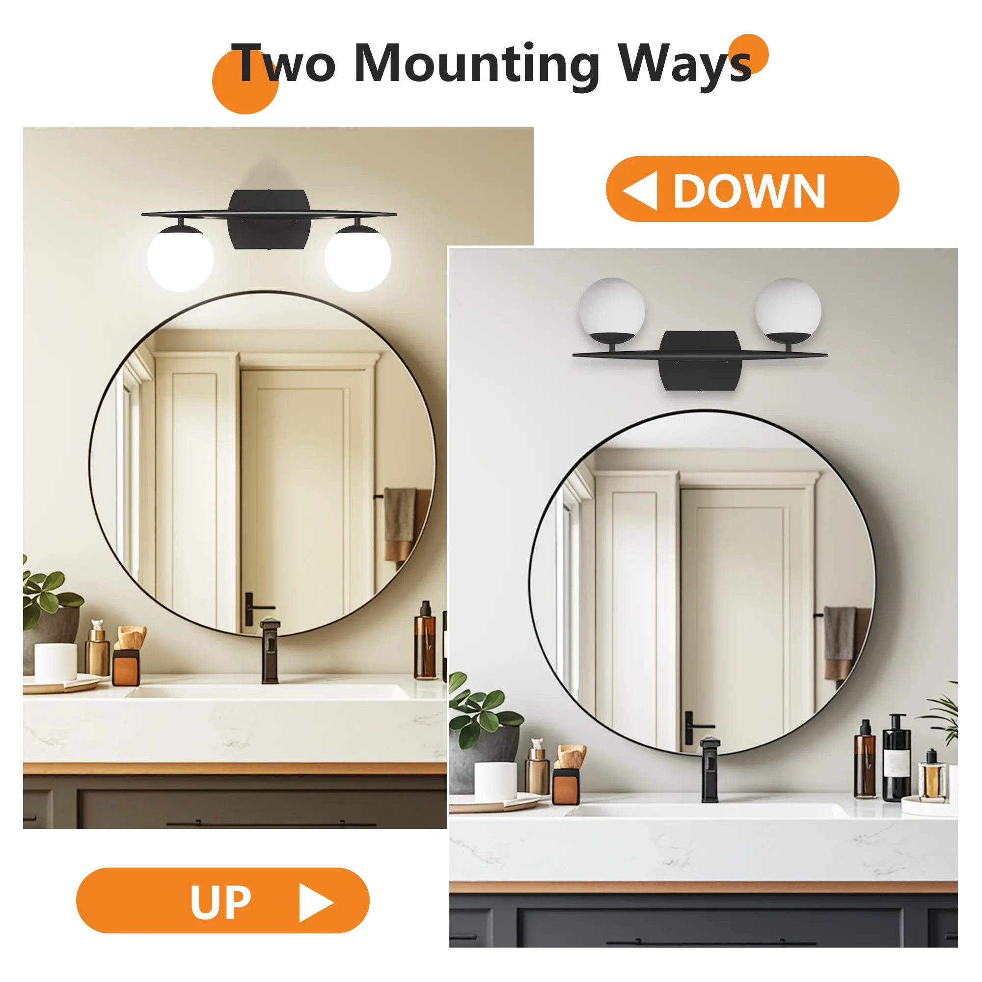 Modern Black 2-Light Glass Vanity Light, image 5 of 7