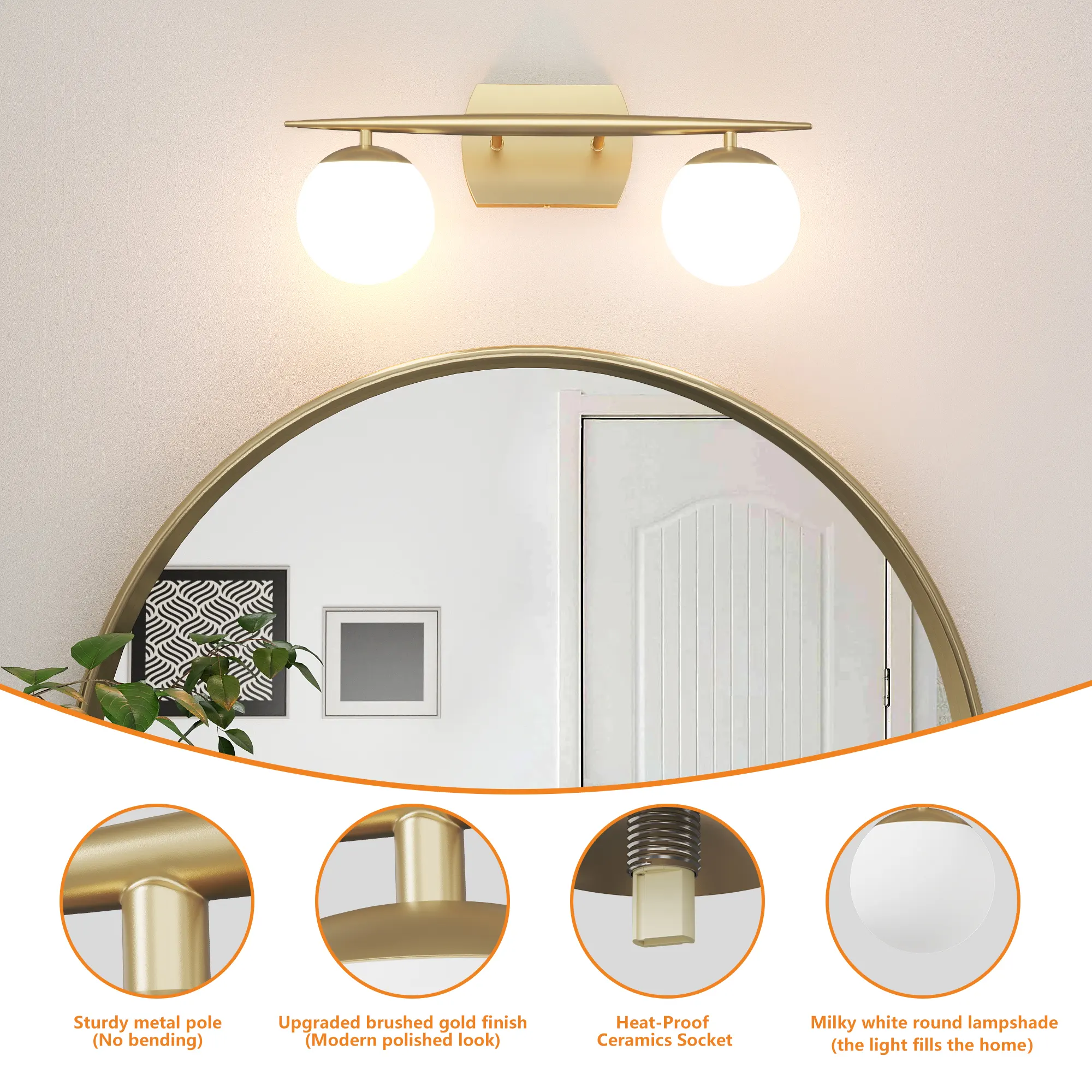 Modern Gold 2-Light Glass Vanity Light, image 3 of 7