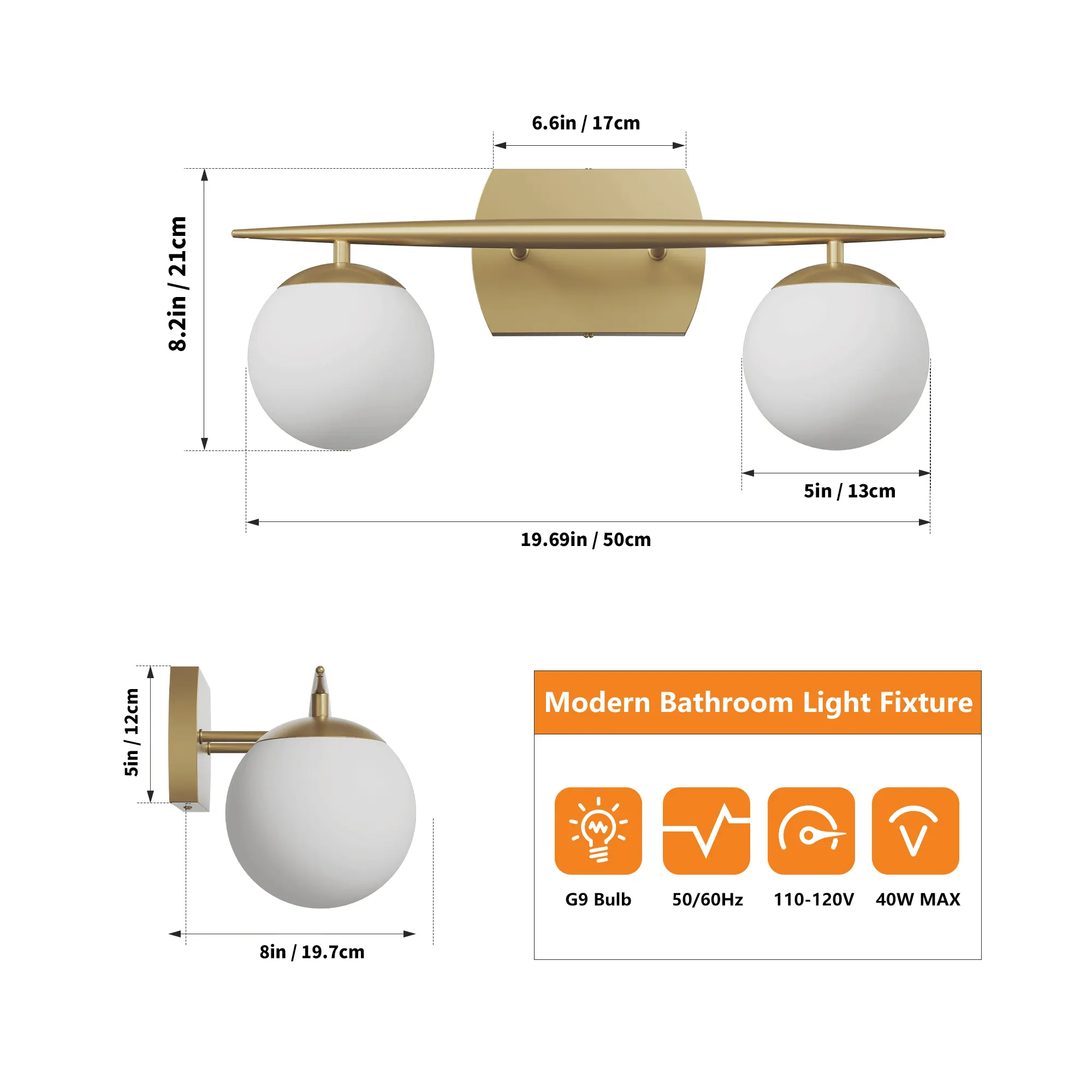 Modern Gold 2-Light Glass Vanity Light, image 4 of 7