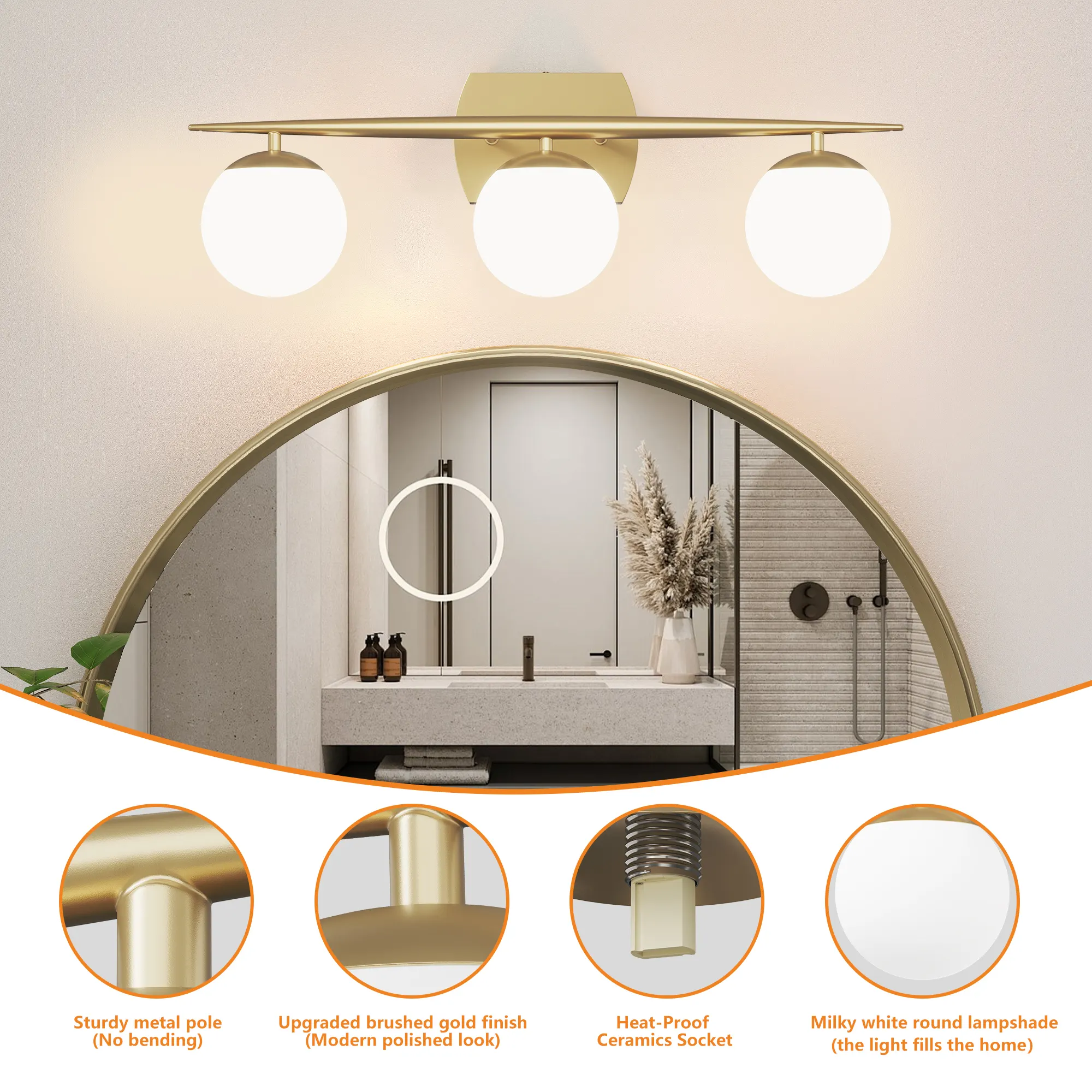 Modern Gold 3-Light Glass Vanity Light, image 3 of 7