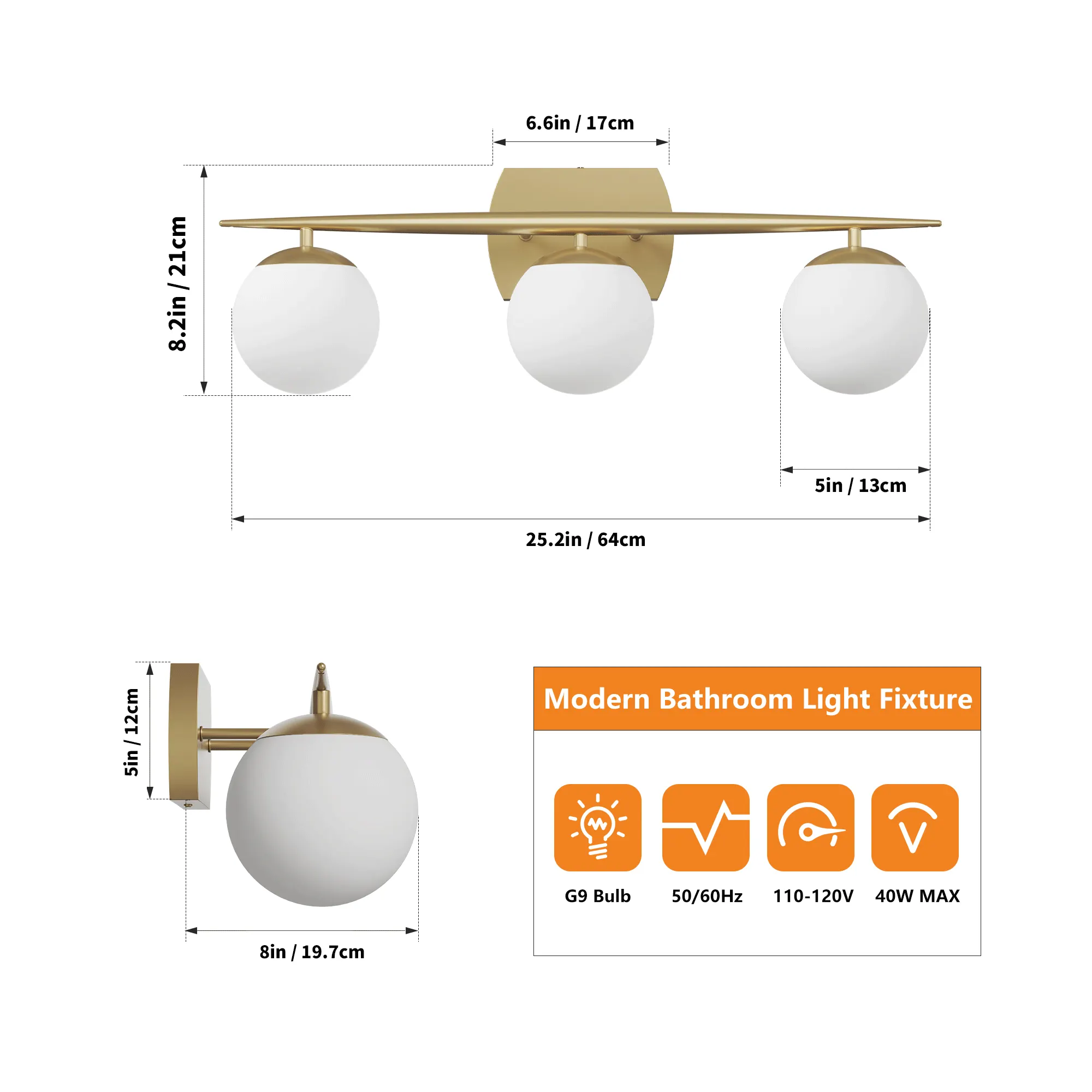 Modern Gold 3-Light Glass Vanity Light, image 4 of 7