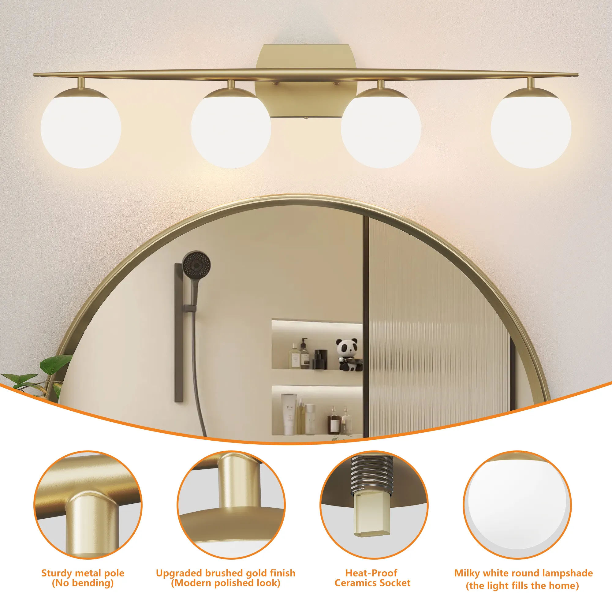 Modern Gold 4-Light Glass Vanity Light, image 4 of 6