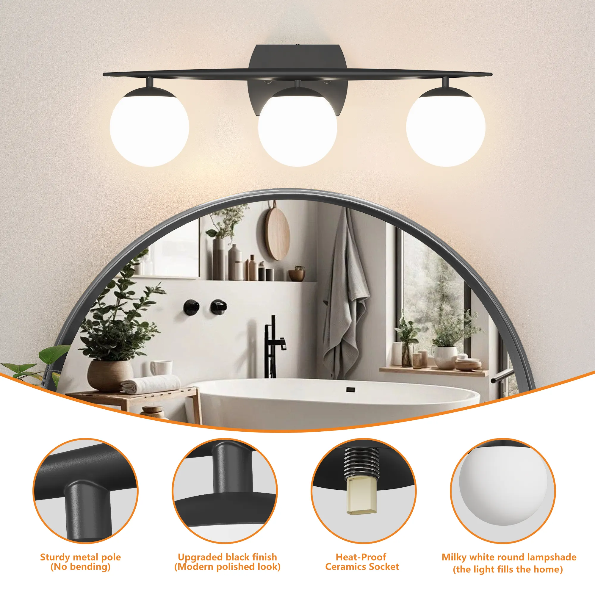 Modern Black 3-Light Glass Vanity Light, image 4 of 7