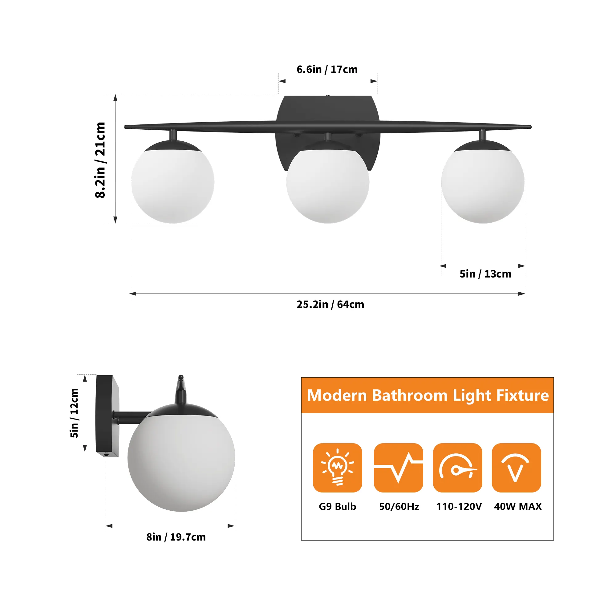 Modern Black 3-Light Glass Vanity Light, image 5 of 7