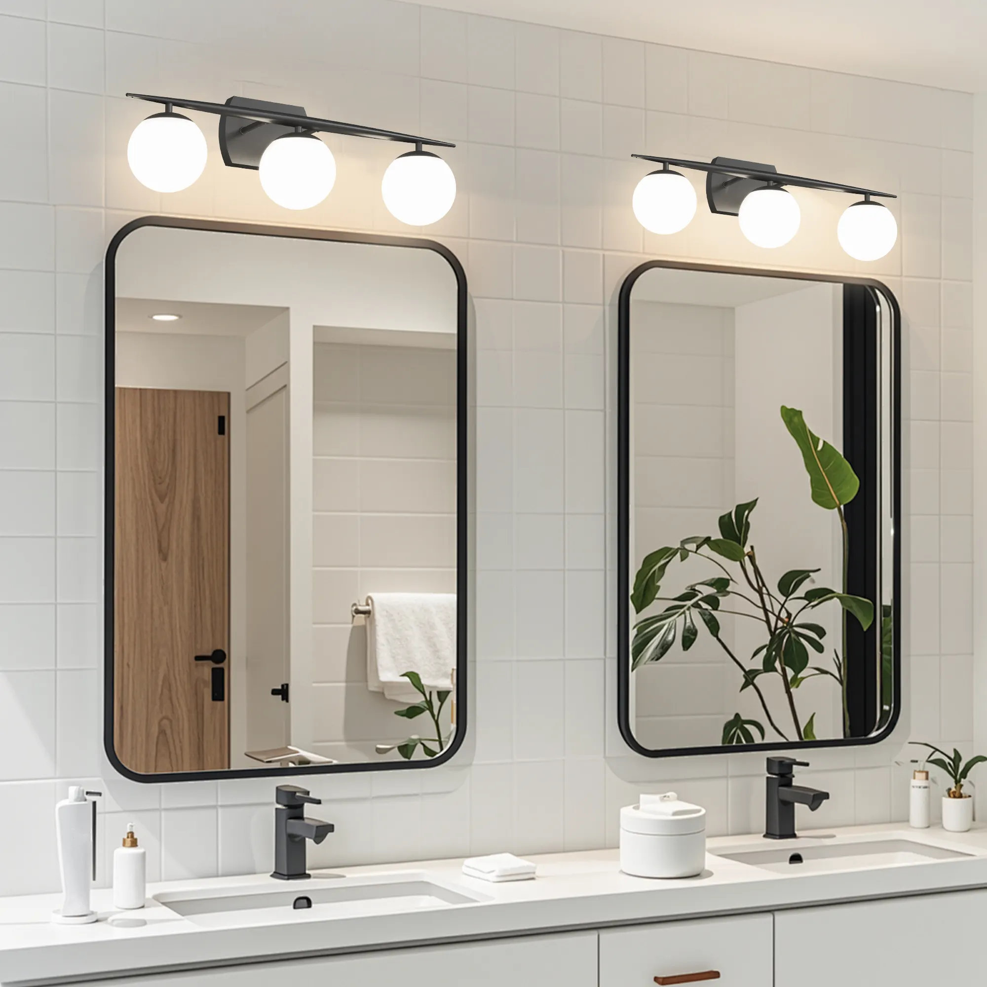 Modern Black 3-Light Glass Vanity Light, image 3 of 7