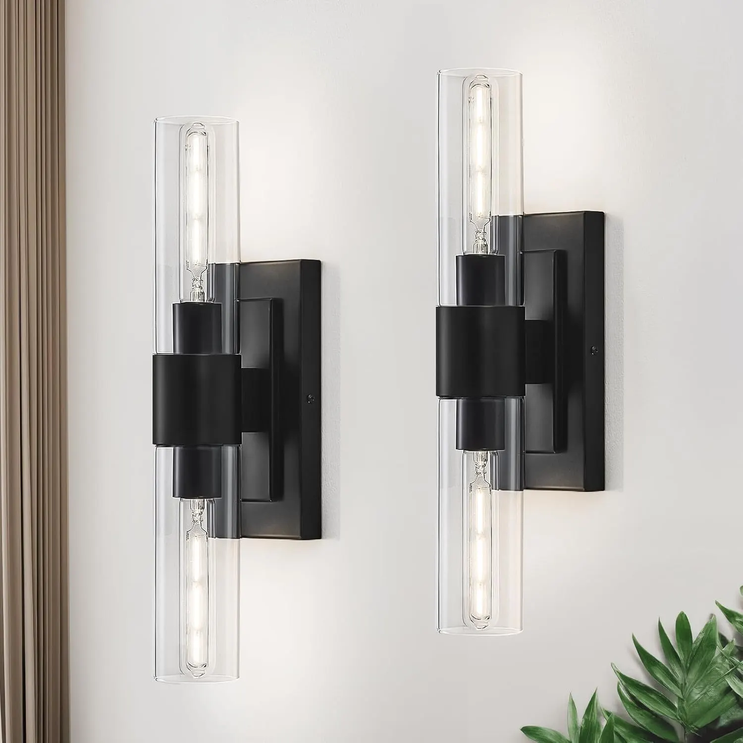 Modern Black Clear Glass Wall Sconce (2-Pack)