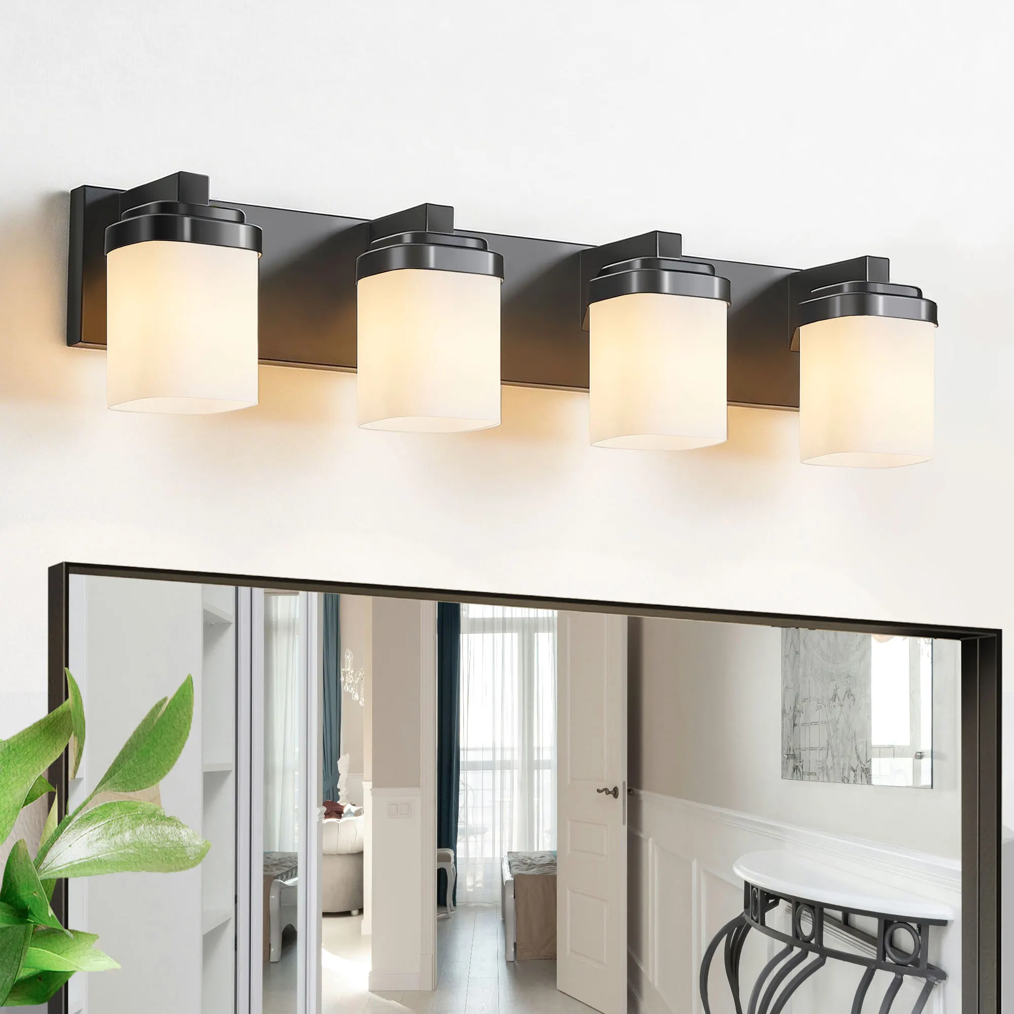 Modern Black 4-Light Frosted Glass Vanity Light, 28 in