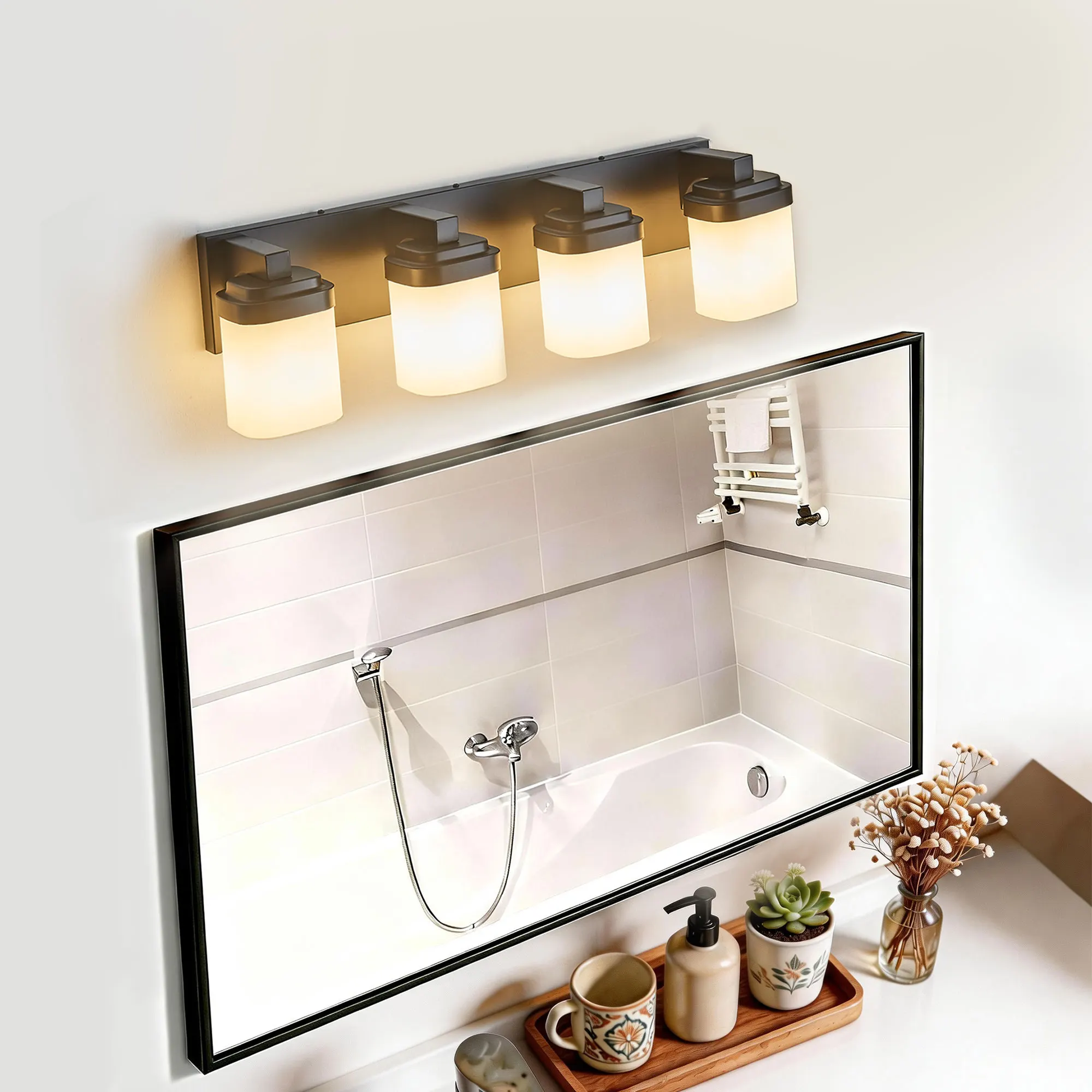 Modern Black 4-Light Frosted Glass Vanity Light, 28 in, image 7 of 9