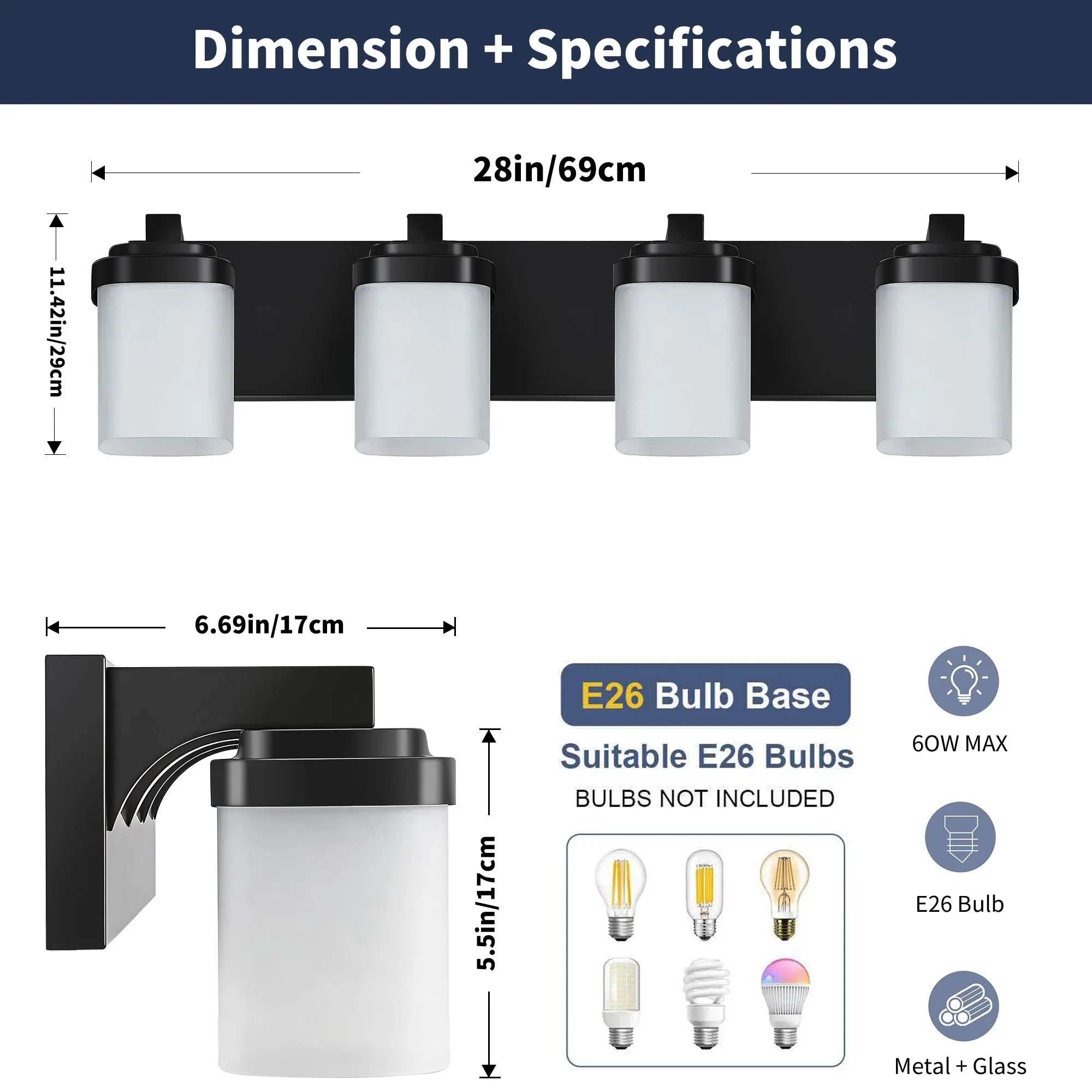 Modern Black 4-Light Frosted Glass Vanity Light, 28 in, image 2 of 9