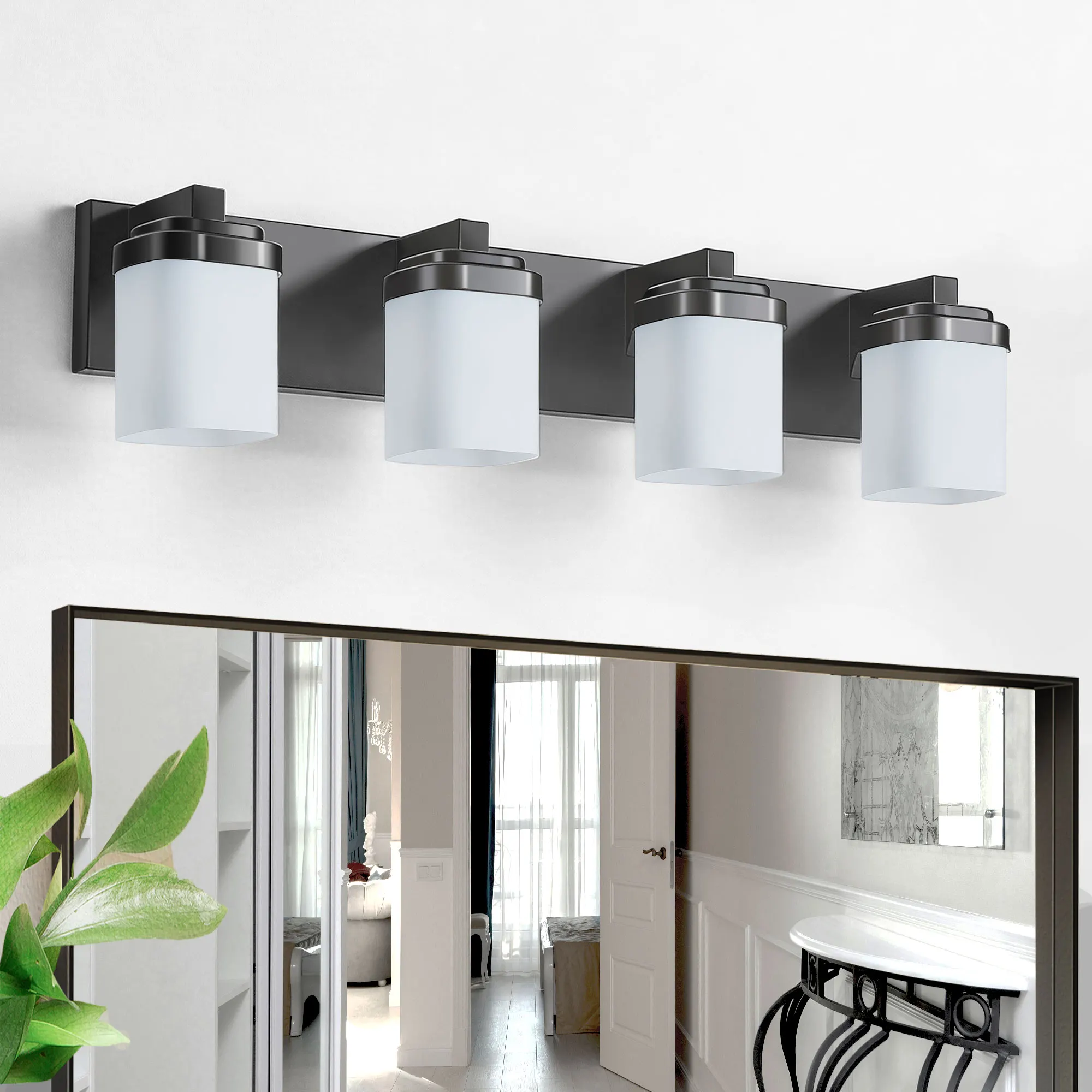 Modern Black 4-Light Frosted Glass Vanity Light, 28 in, image 3 of 9