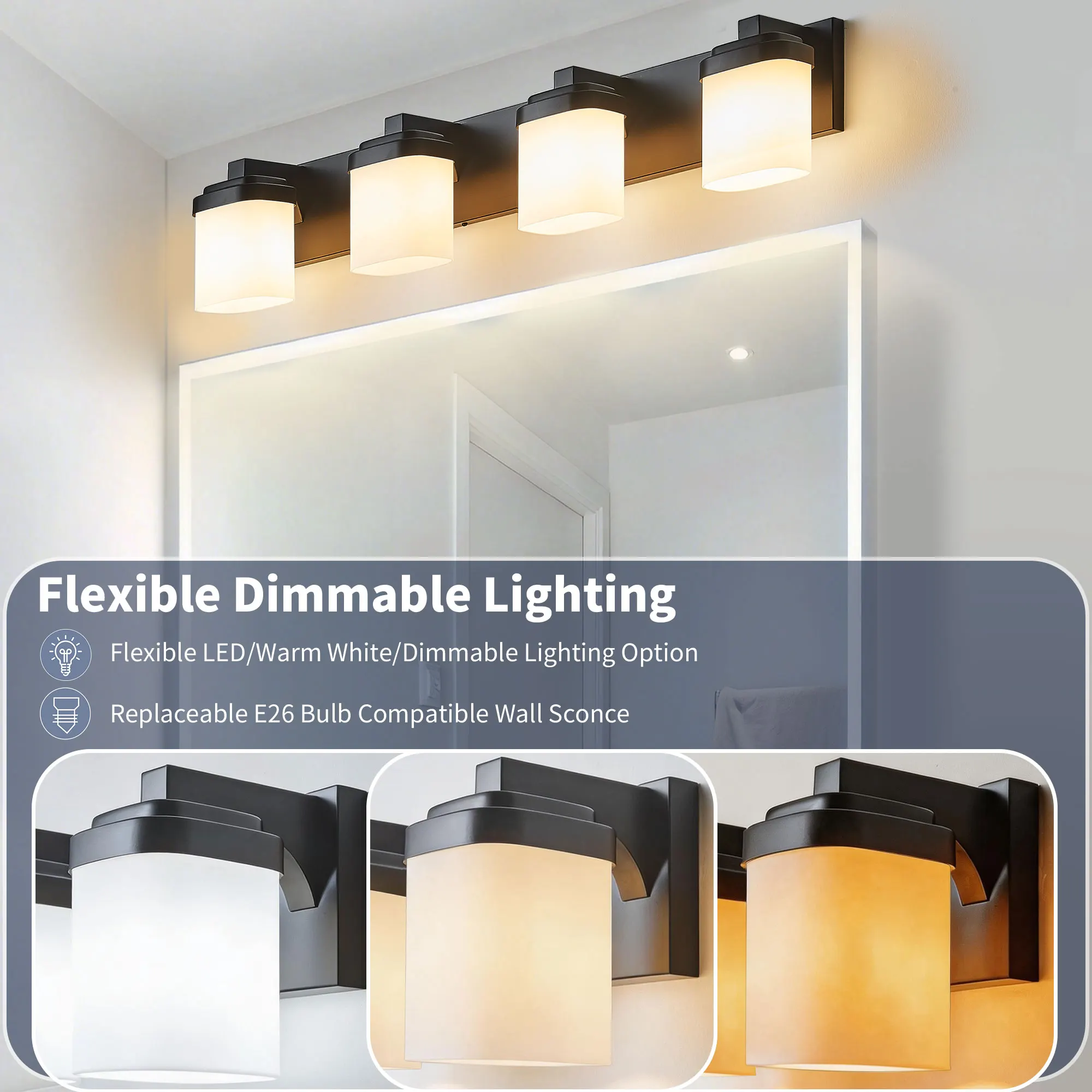 Modern Black 4-Light Frosted Glass Vanity Light, 28 in, image 4 of 9