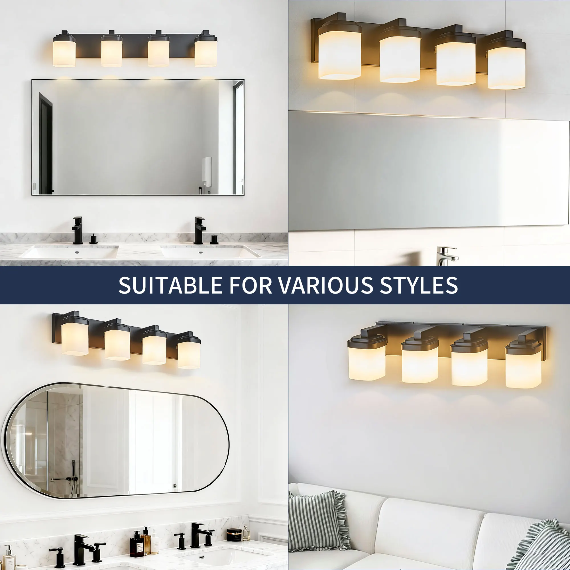 Modern Black 4-Light Frosted Glass Vanity Light, 28 in, image 6 of 9