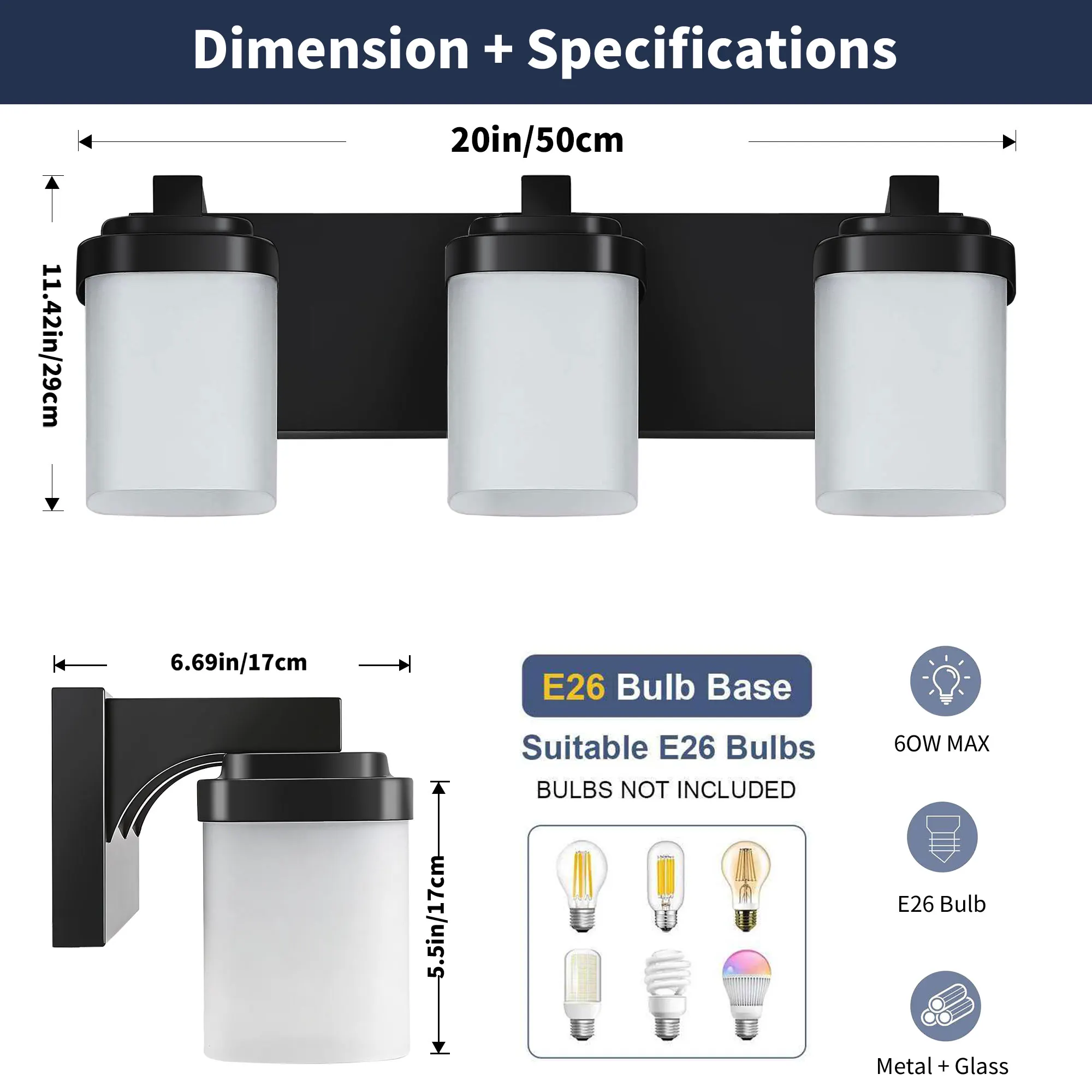 Modern Black 3-Light Frosted Glass Vanity Light, image 2 of 9