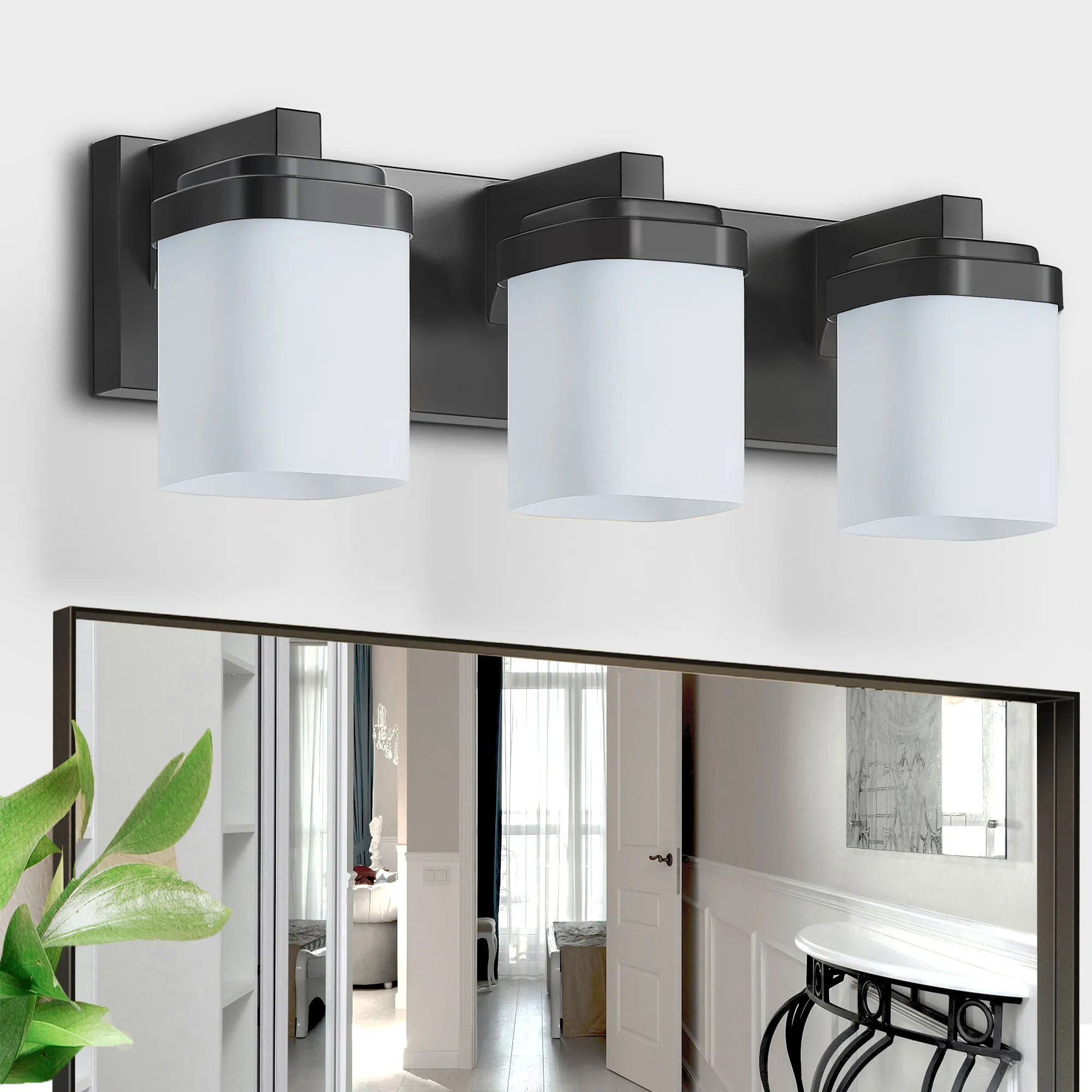 Modern Black 3-Light Frosted Glass Vanity Light, image 3 of 9
