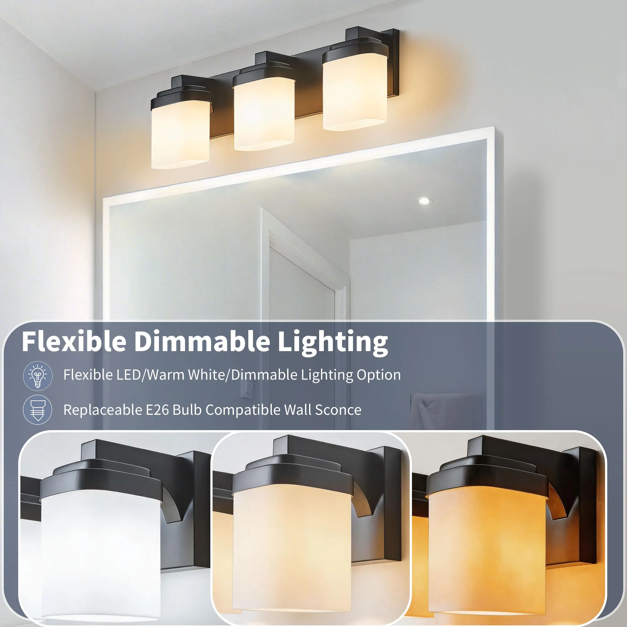 Modern Black 3-Light Frosted Glass Vanity Light, image 4 of 9