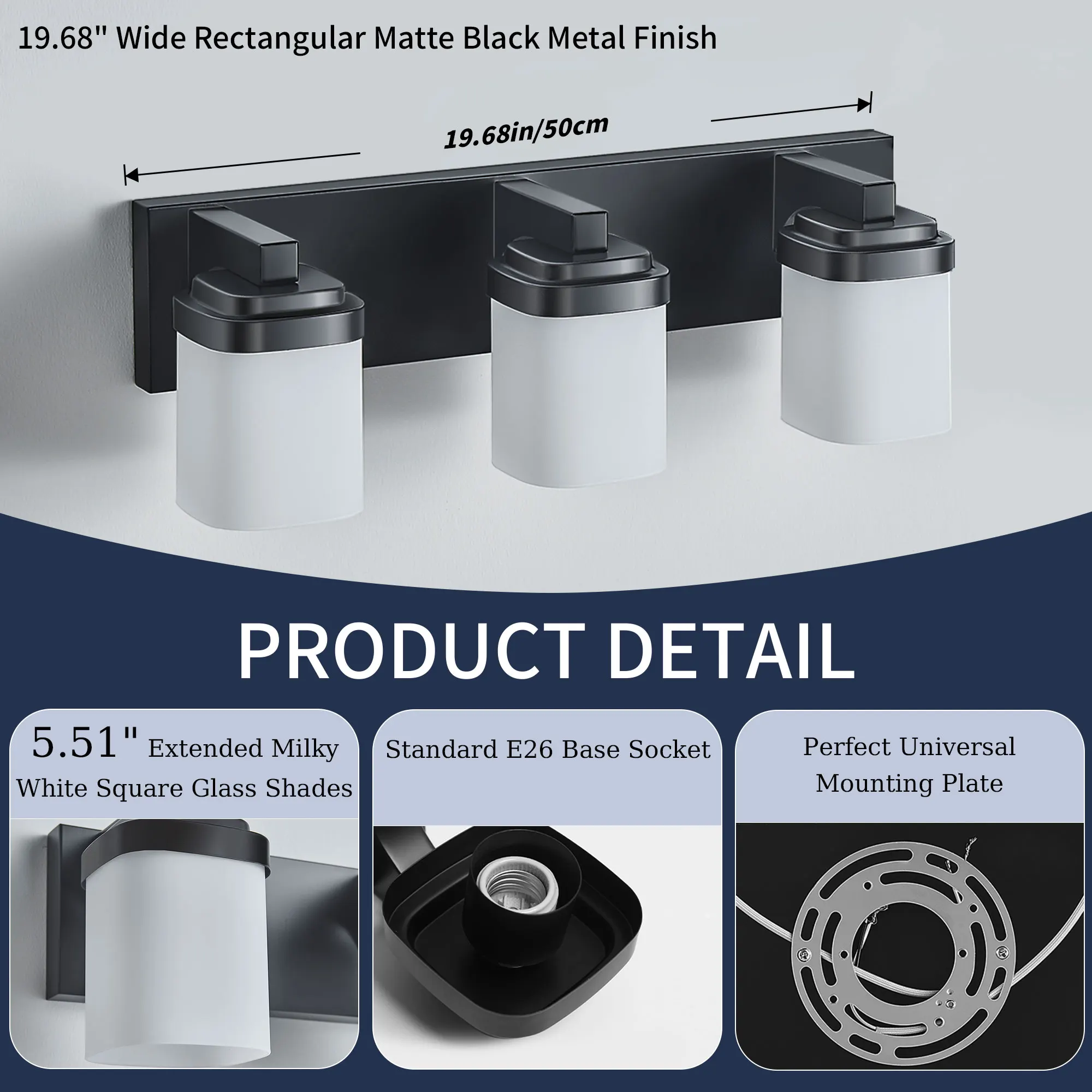 Modern Black 3-Light Frosted Glass Vanity Light, image 9 of 9