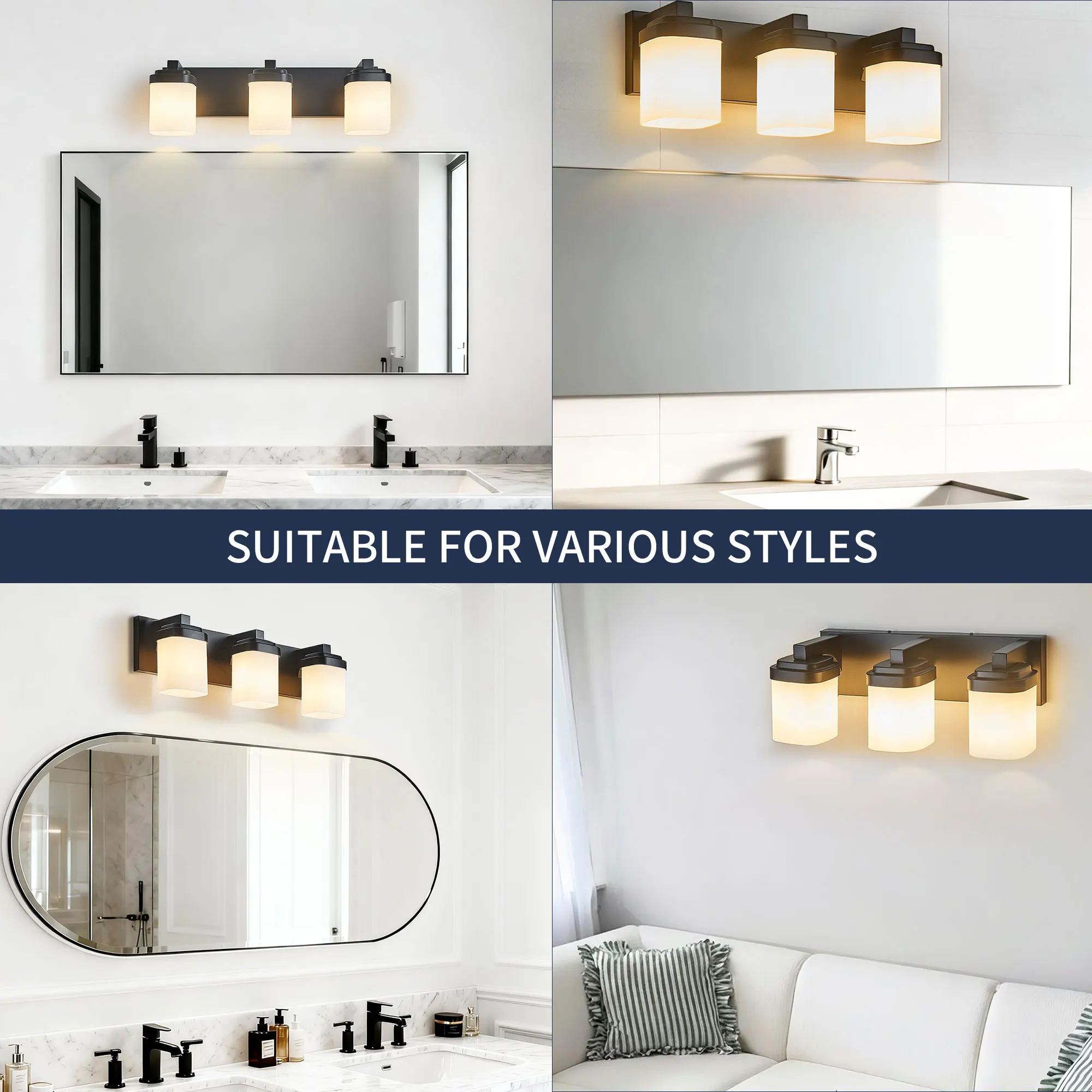 Modern Black 3-Light Frosted Glass Vanity Light, image 8 of 9
