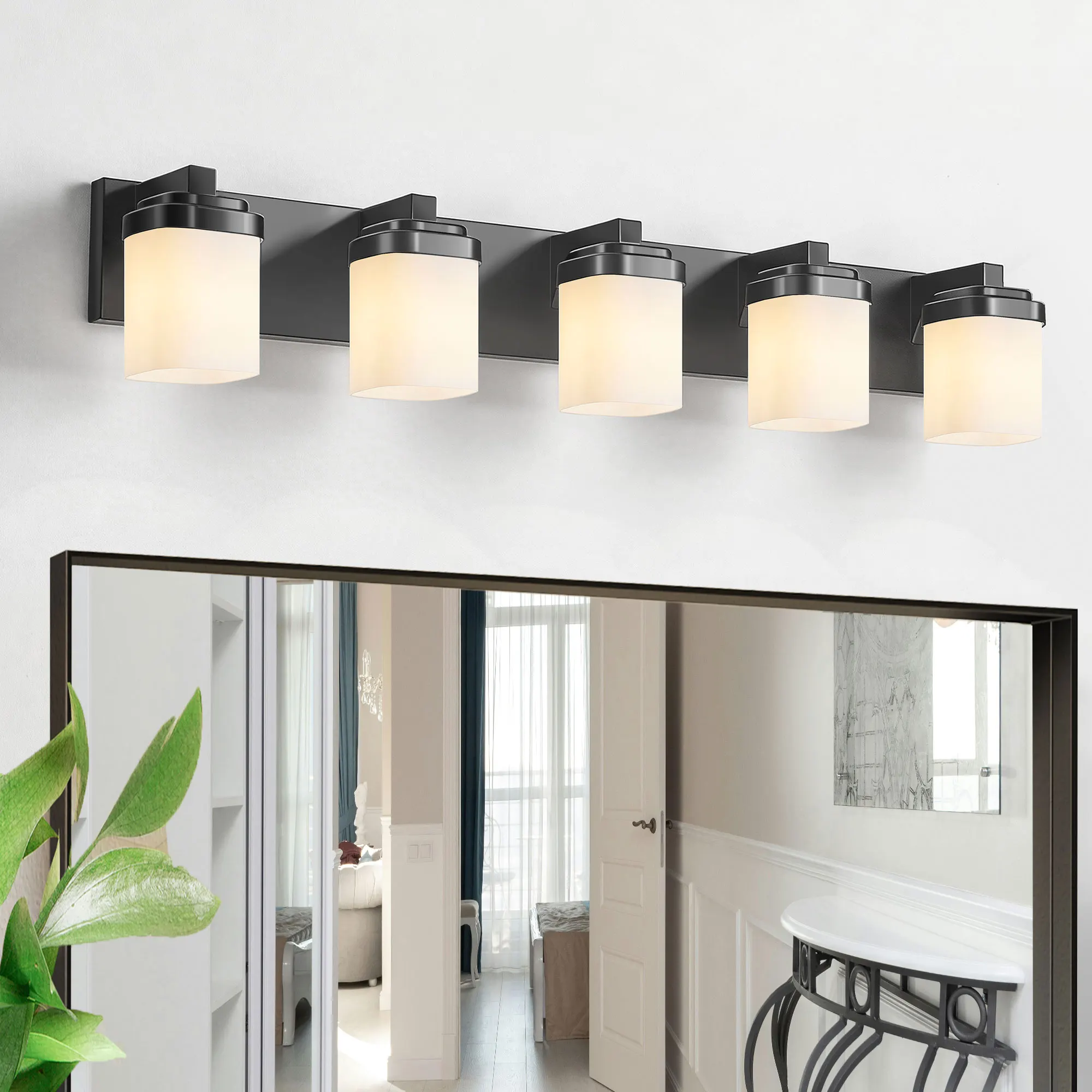 Modern Black 5-Light Frosted Glass Vanity Light, 35 in