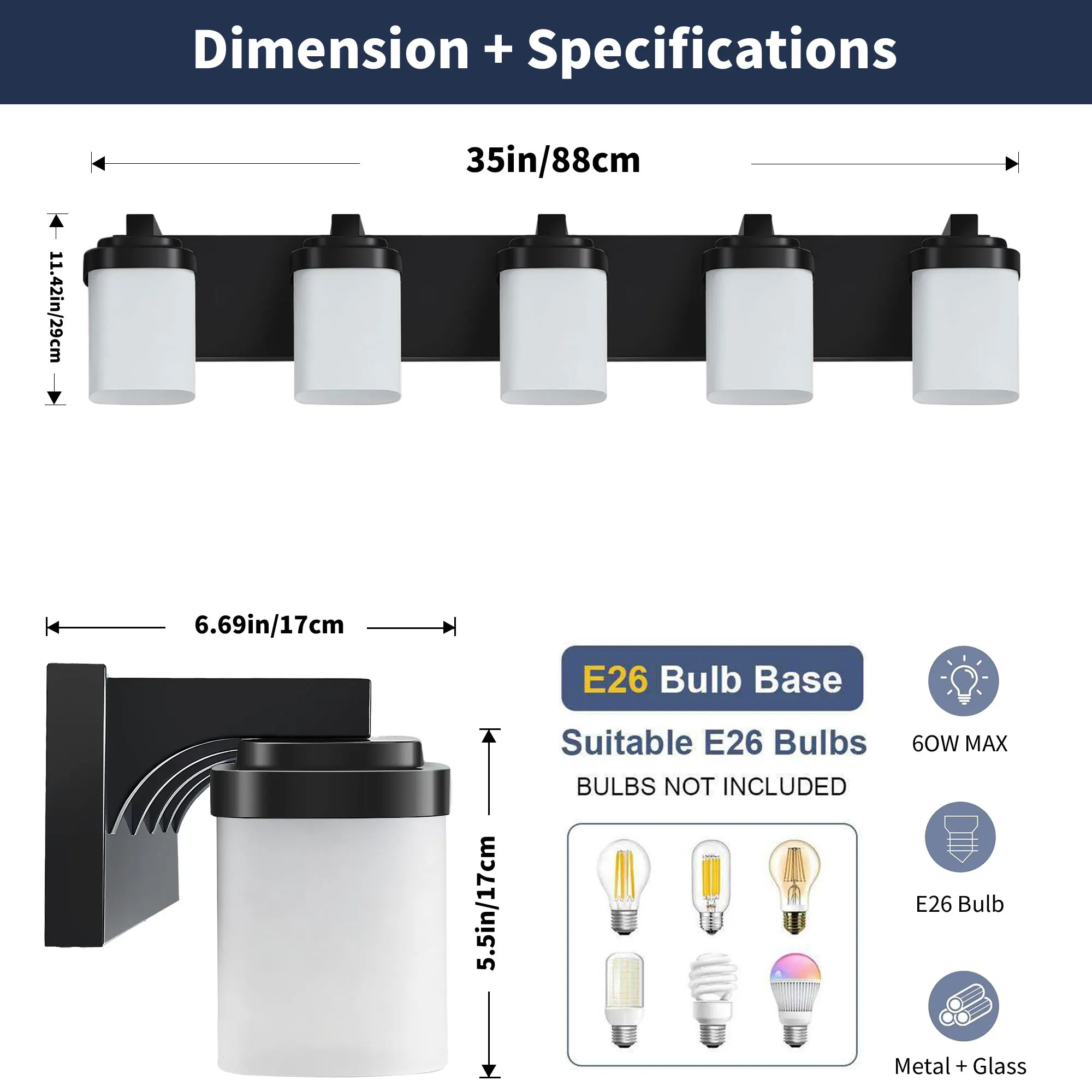 Modern Black 5-Light Frosted Glass Vanity Light, 35 in, image 2 of 9