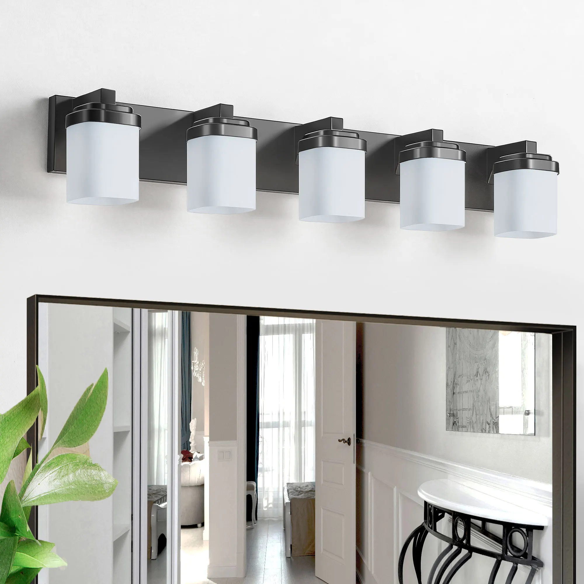 Modern Black 5-Light Frosted Glass Vanity Light, 35 in, image 3 of 9