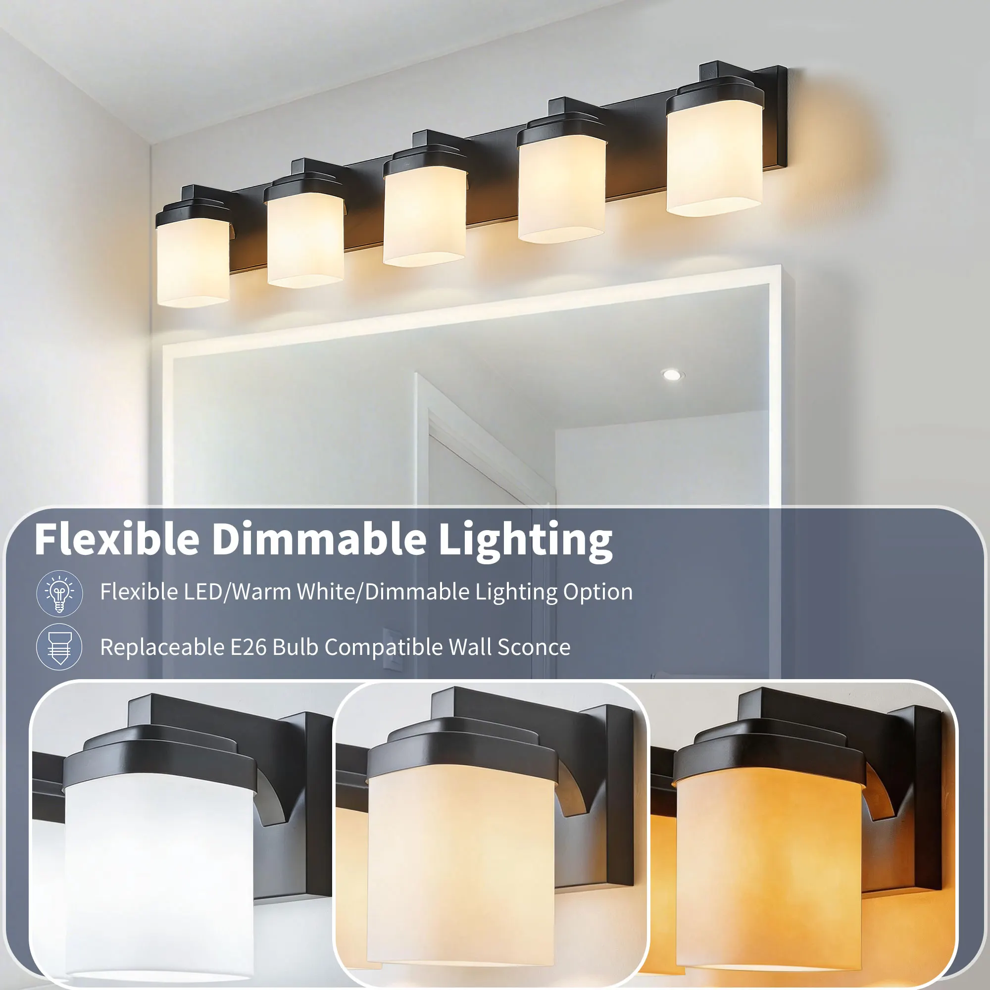 Modern Black 5-Light Frosted Glass Vanity Light, 35 in, image 4 of 9