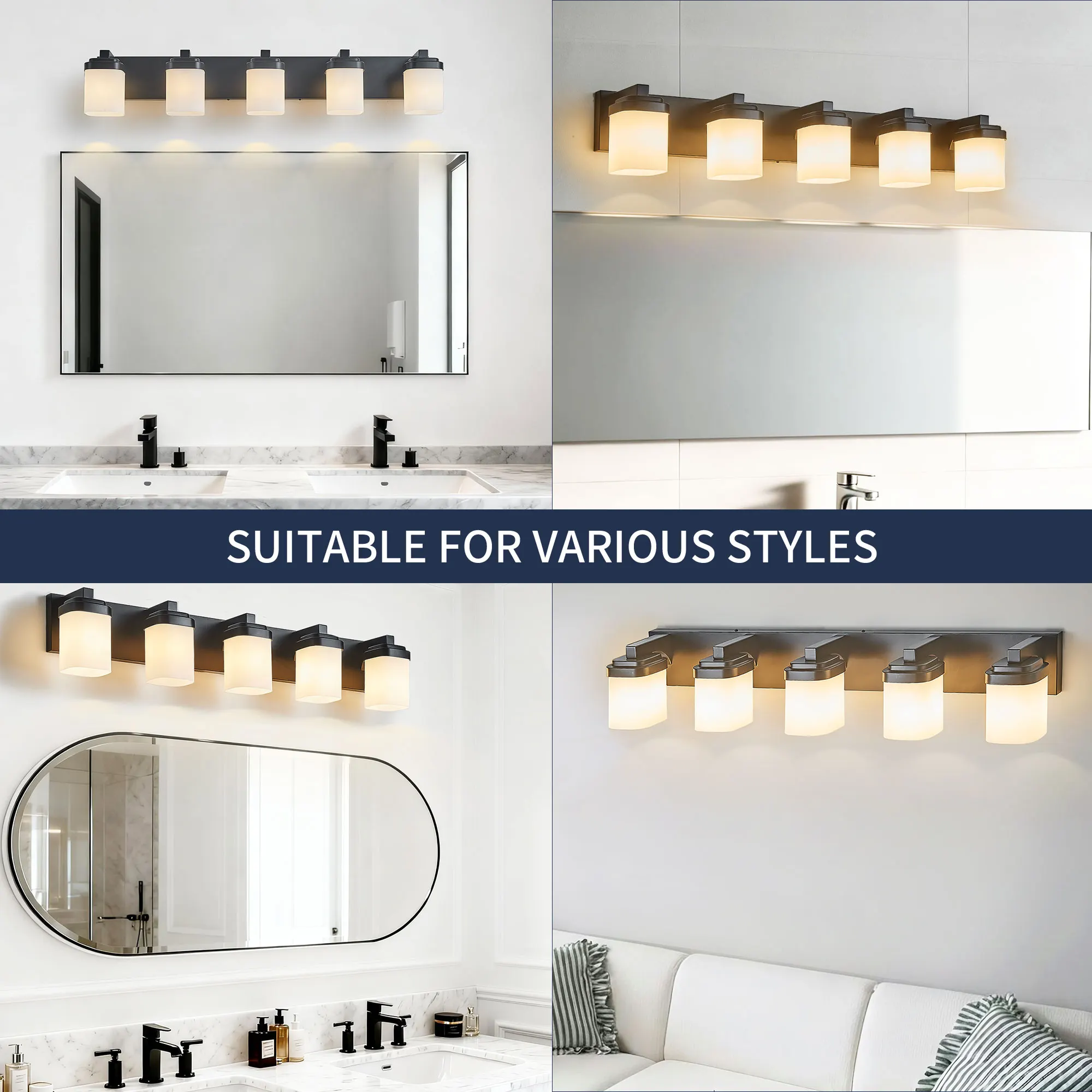 Modern Black 5-Light Frosted Glass Vanity Light, 35 in, image 6 of 9