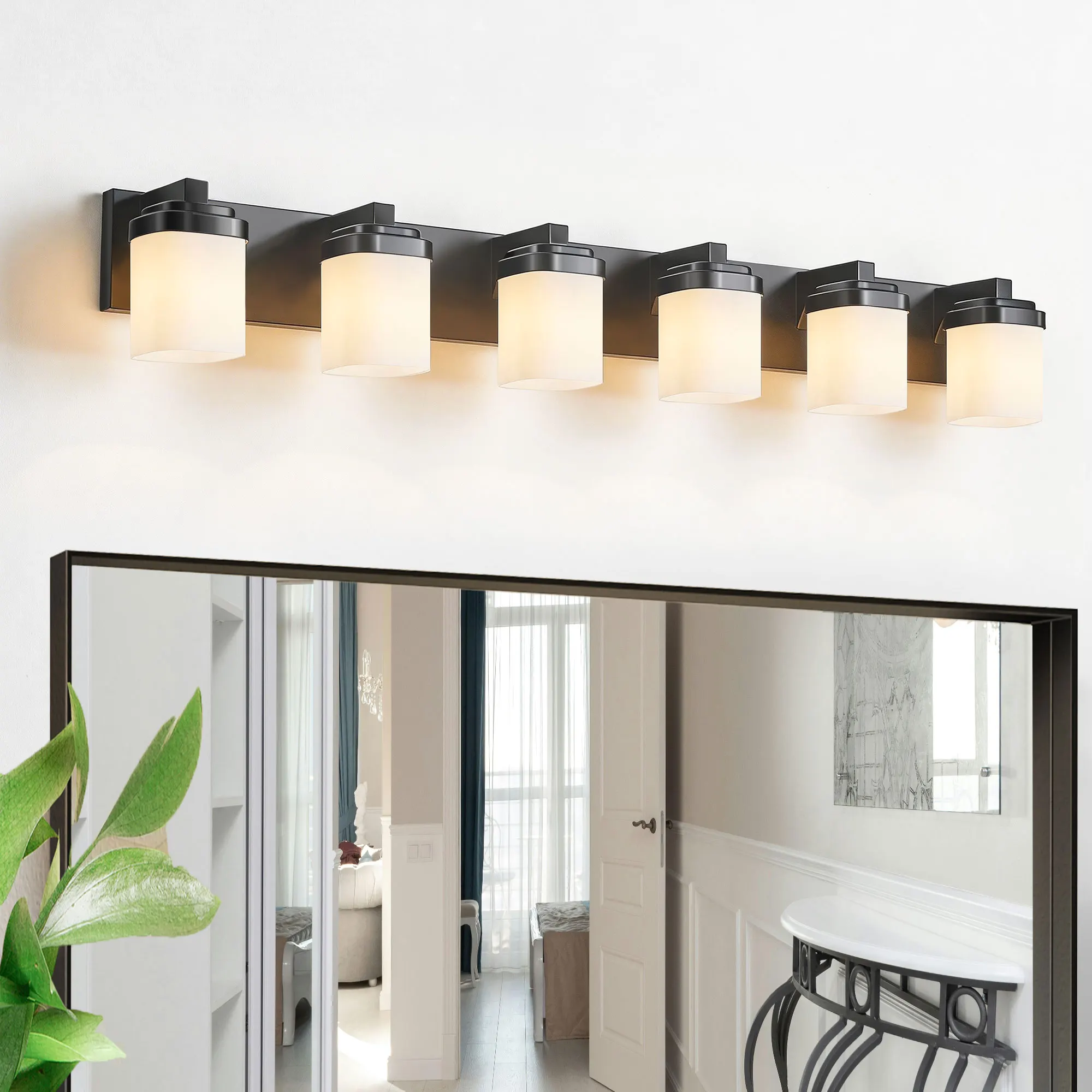 Modern Black 6-Light Frosted Glass Vanity Light, 43 in