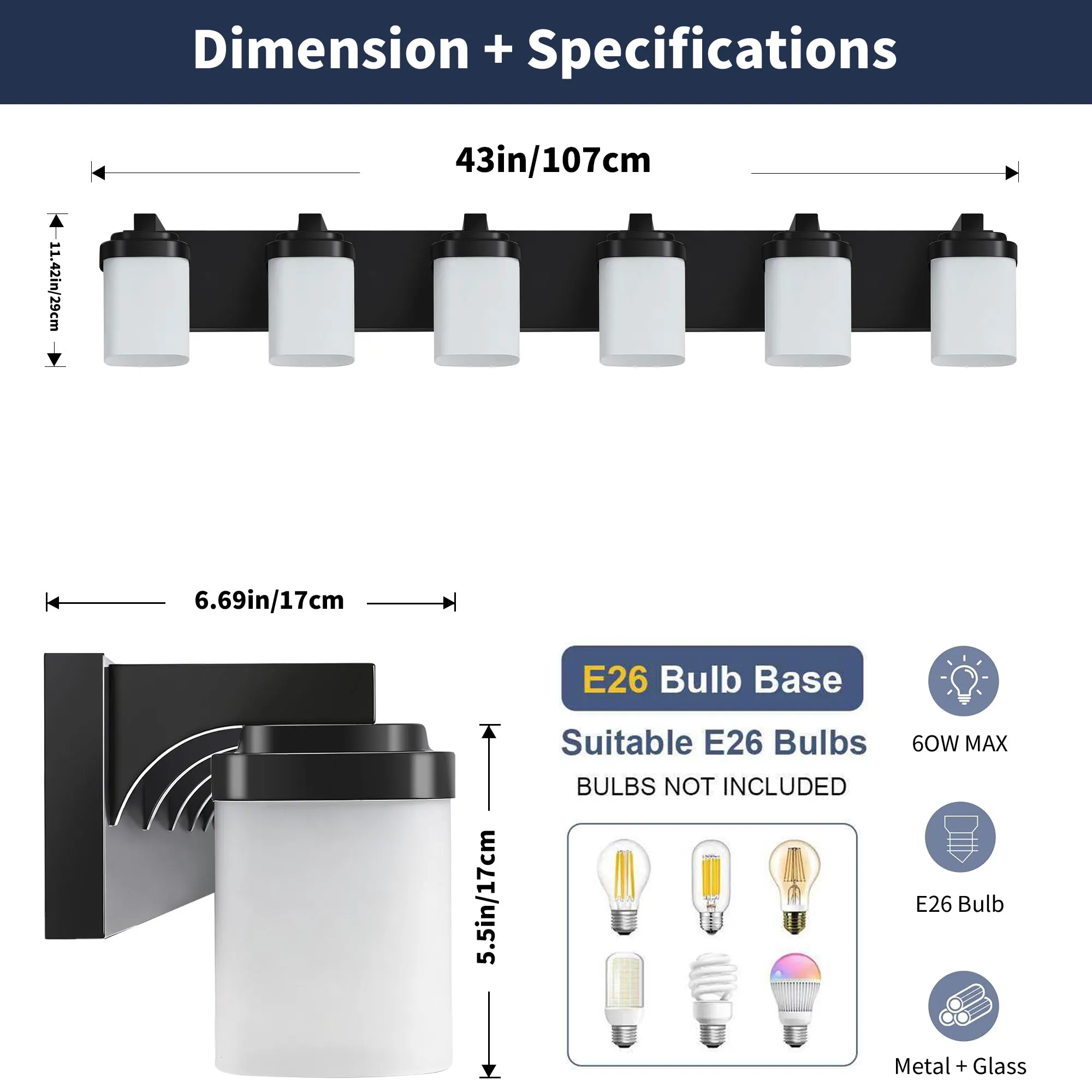 Modern Black 6-Light Frosted Glass Vanity Light, 43 in, image 2 of 9