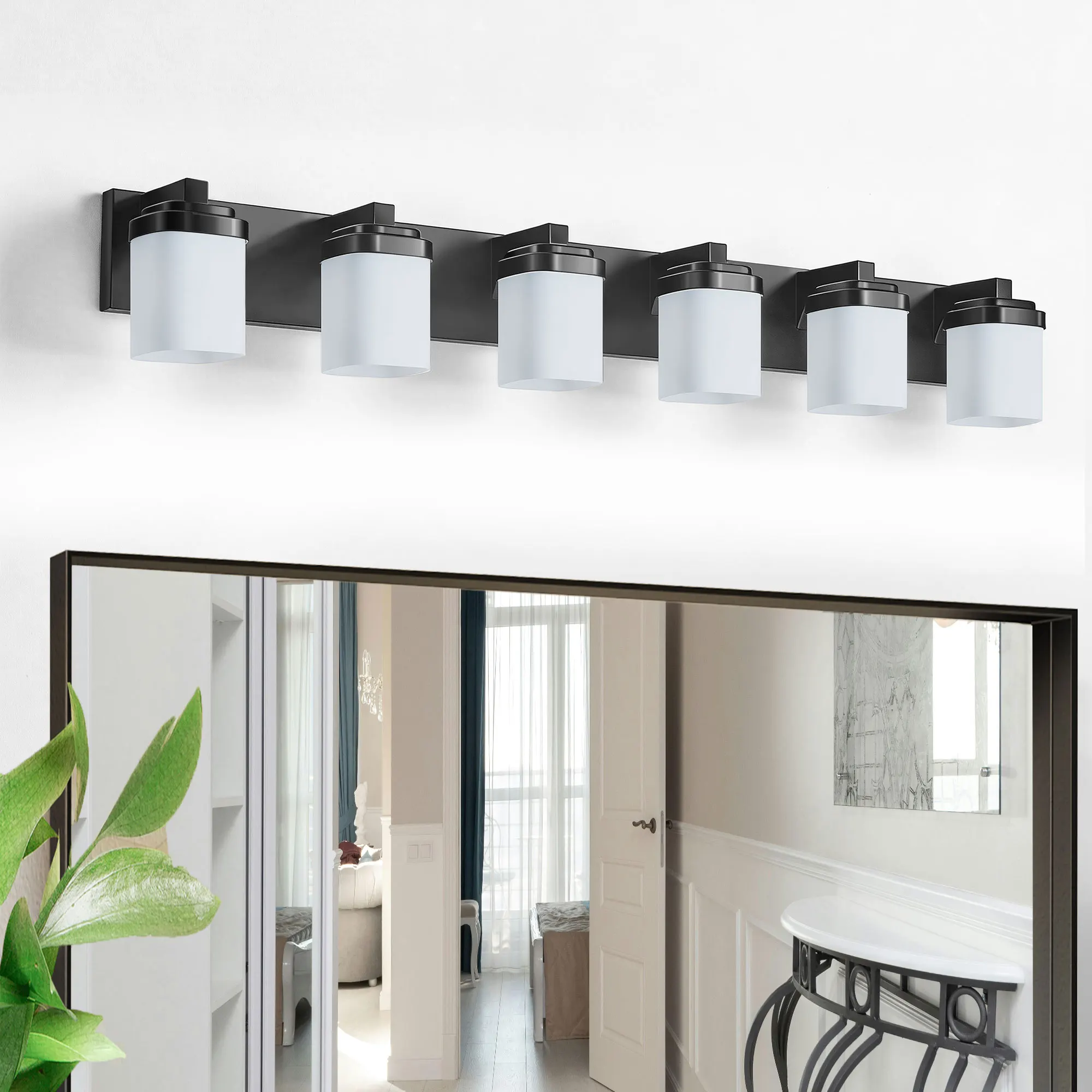 Modern Black 6-Light Frosted Glass Vanity Light, 43 in, image 3 of 9
