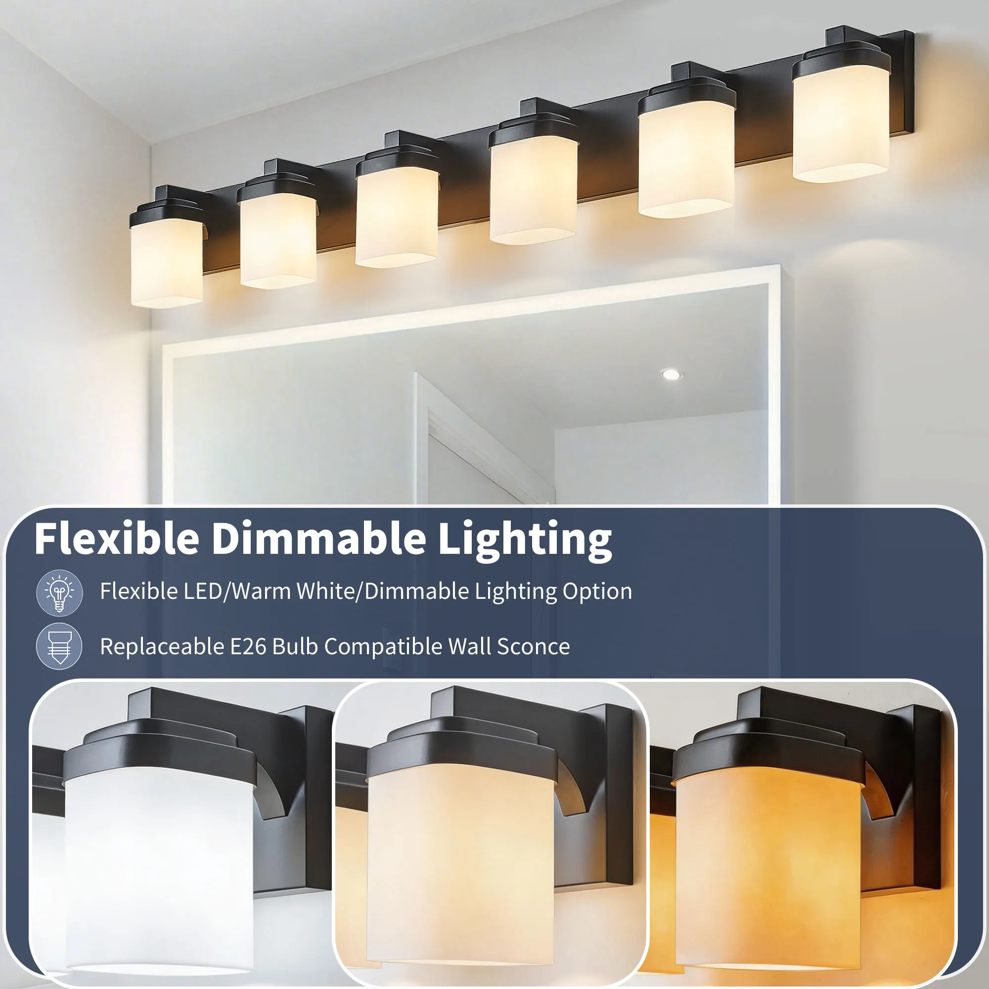 Modern Black 6-Light Frosted Glass Vanity Light, 43 in, image 4 of 9